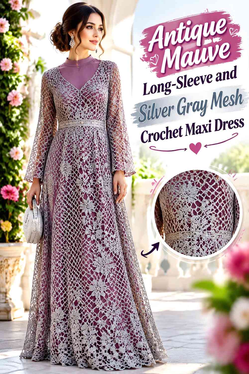 Antique Mauve Long-Sleeve and Silver Gray Mesh Crochet Maxi Dress