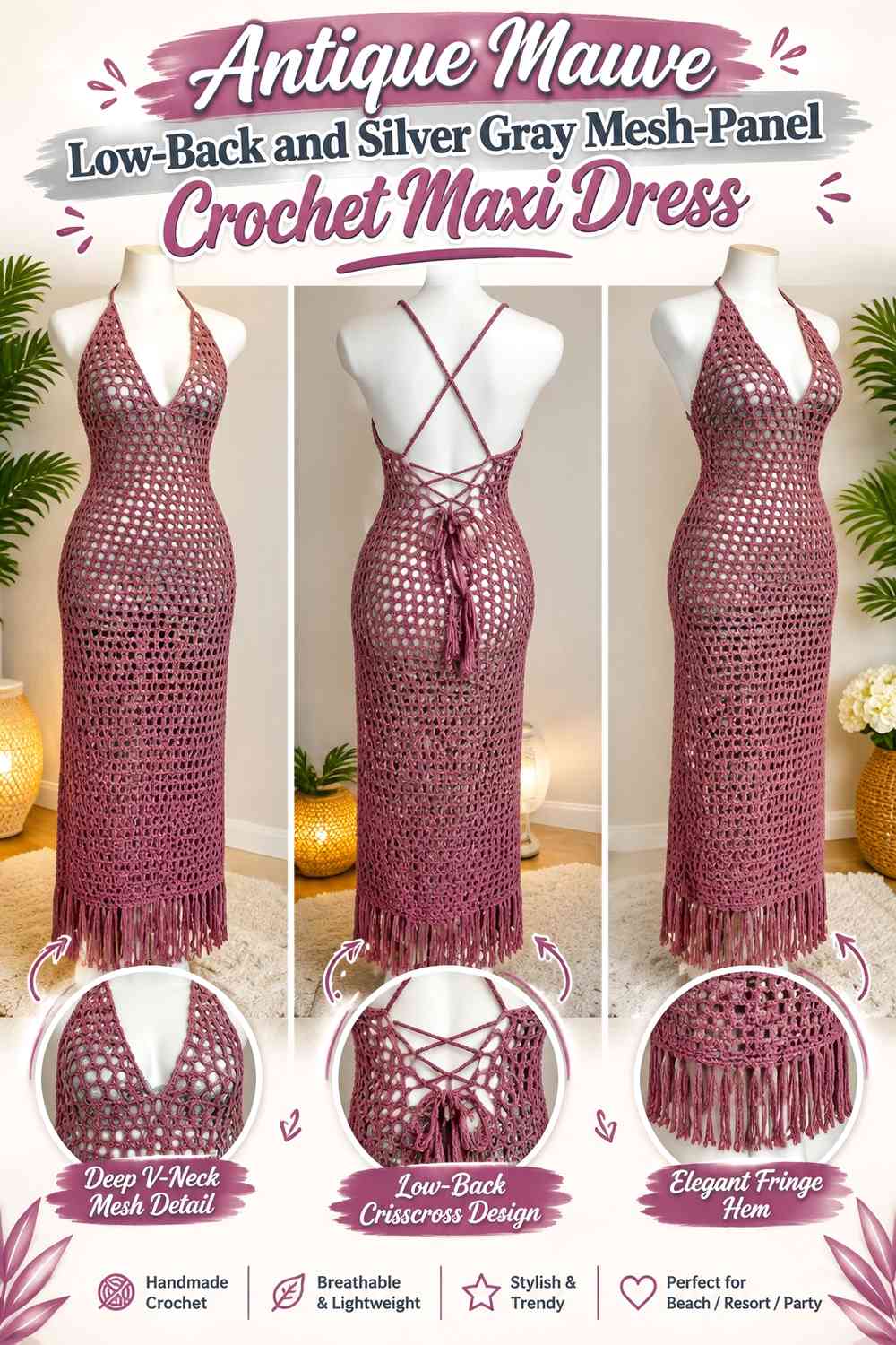 Antique Mauve Low-Back and Silver Gray Mesh-Panel Crochet Maxi Dress