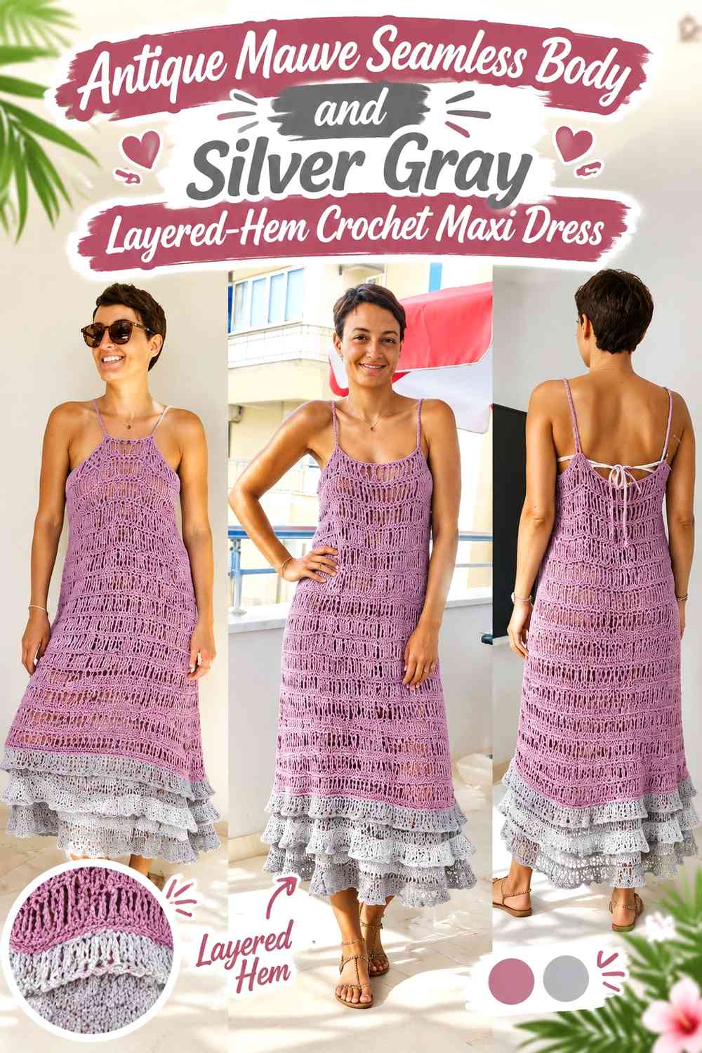 Antique Mauve Seamless Body and Silver Gray Layered-Hem Crochet Maxi Dress