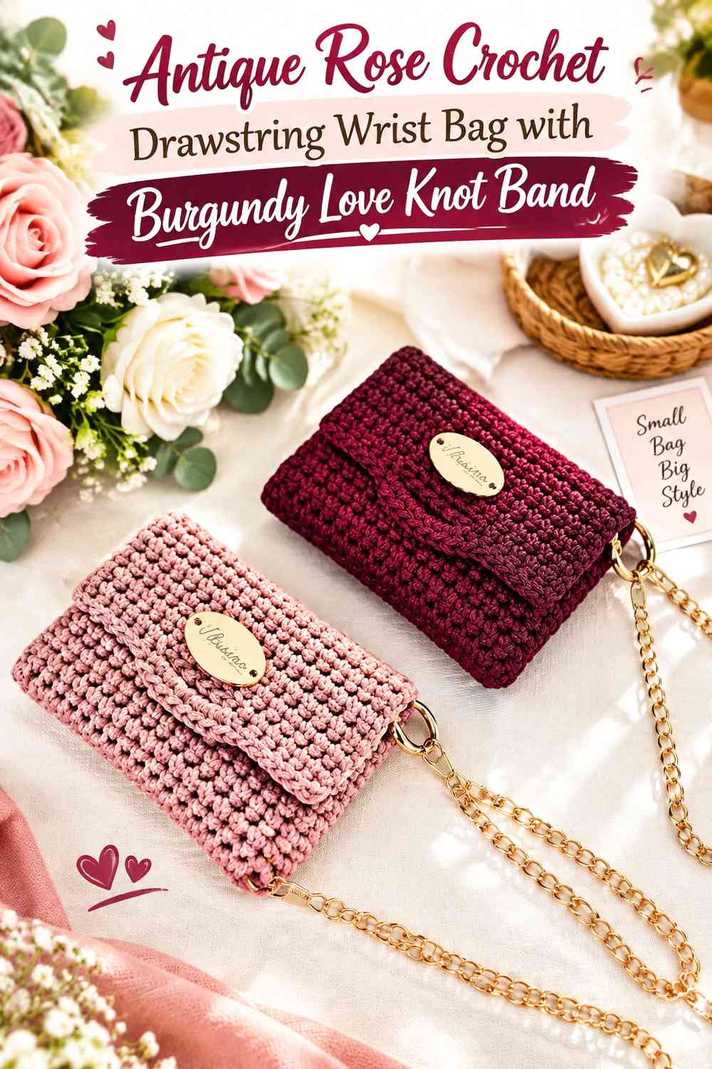 Antique Rose Crochet Drawstring Wrist Bag with Burgundy Love Knot Band