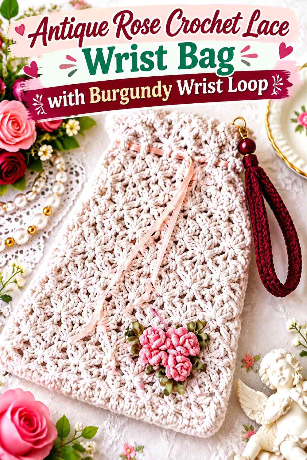 Antique Rose Crochet Lace Wrist Bag with Burgundy Wrist Loop