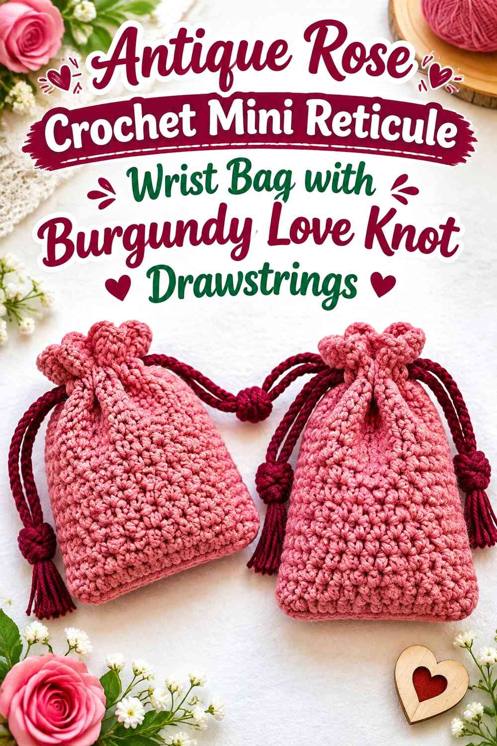 Antique Rose Crochet Mini Reticule Wrist Bag with Burgundy Love Knot Drawstrings