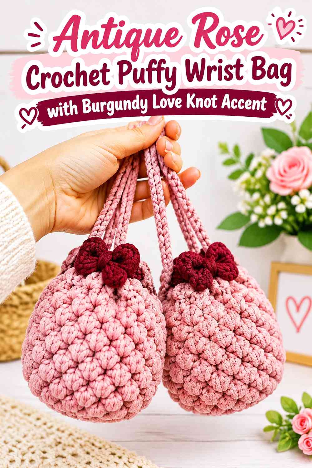 Antique Rose Crochet Puffy Wrist Bag with Burgundy Love Knot Accent