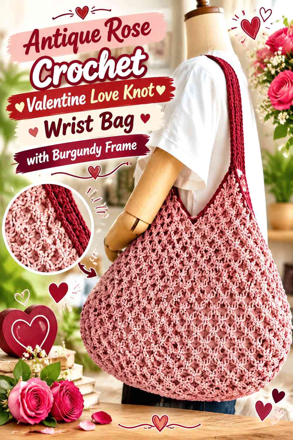 Antique Rose Crochet Valentine Love Knot Wrist Bag with Burgundy Frame