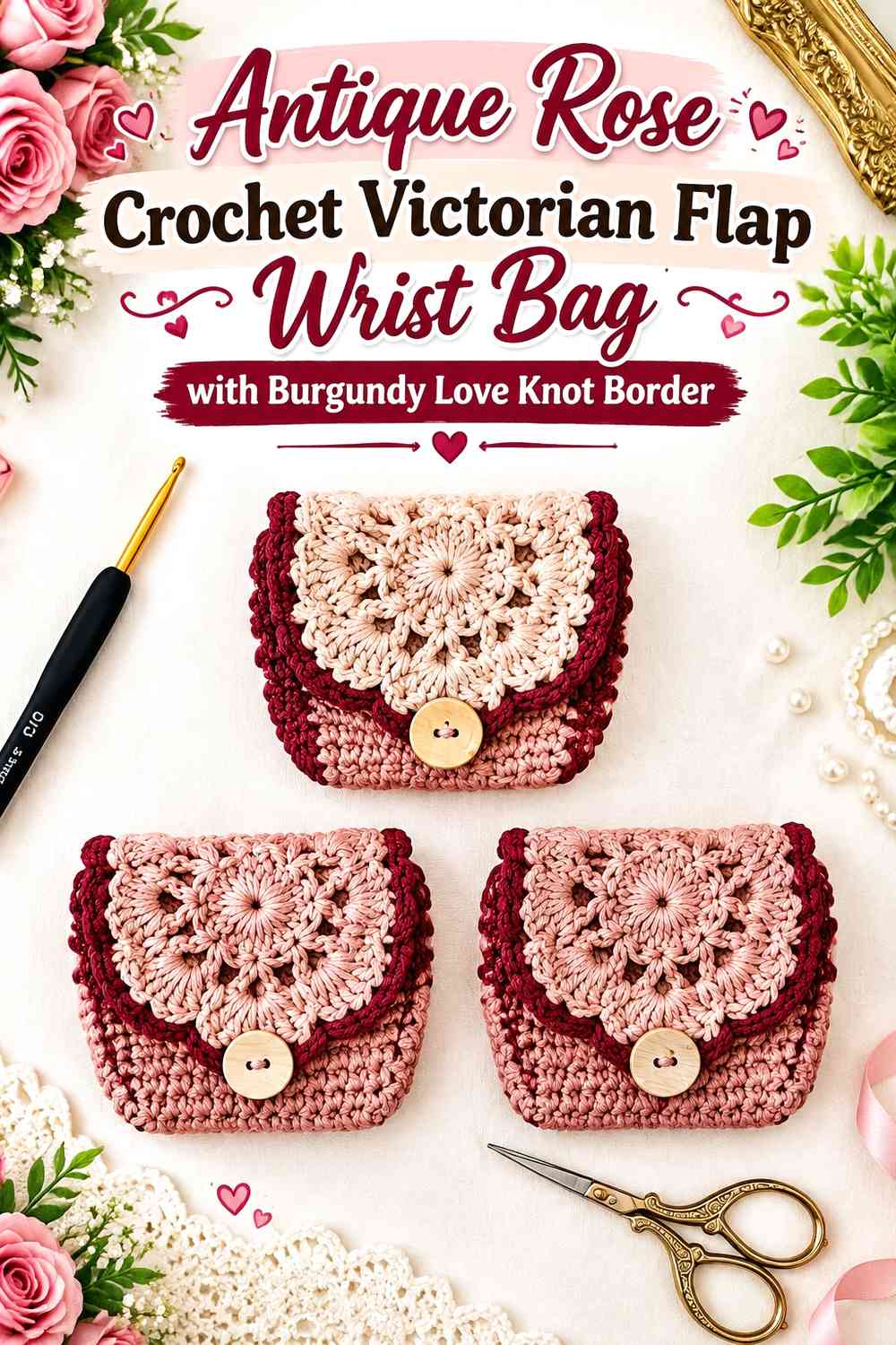 Antique Rose Crochet Victorian Flap Wrist Bag with Burgundy Love Knot Border