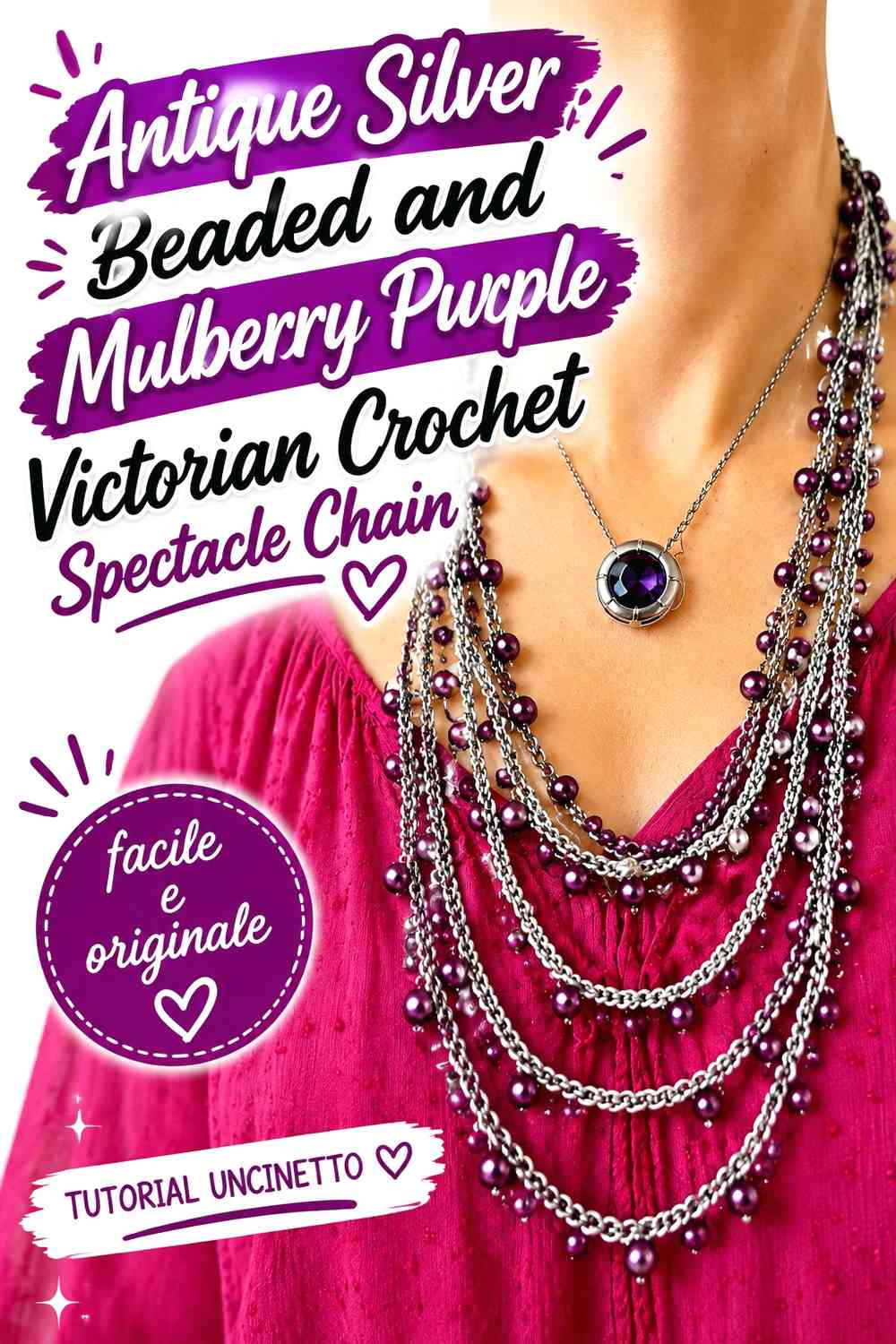 Antique Silver Beaded and Mulberry Purple Victorian Crochet Spectacle Chain