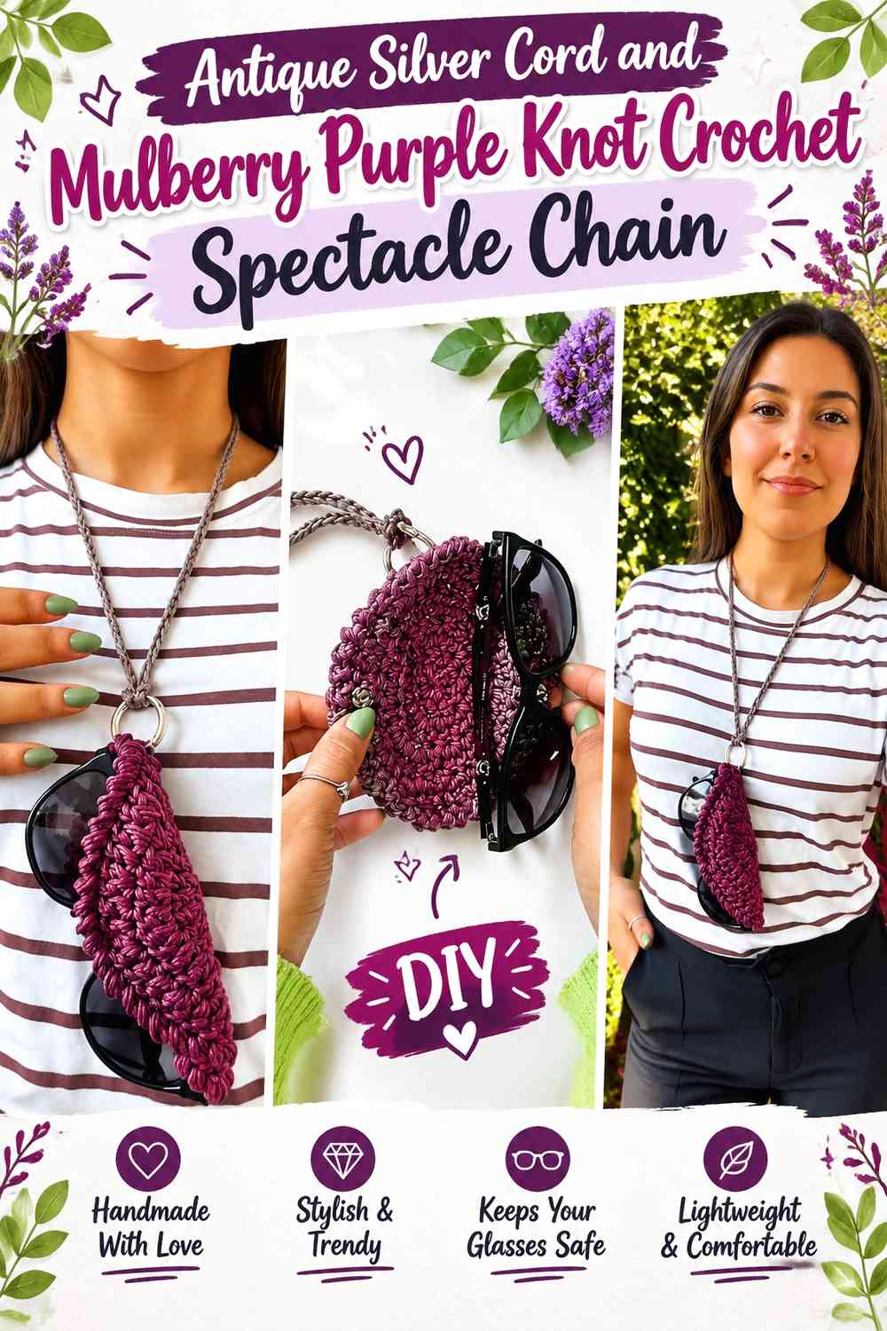 Antique Silver Cord and Mulberry Purple Knot Crochet Spectacle Chain