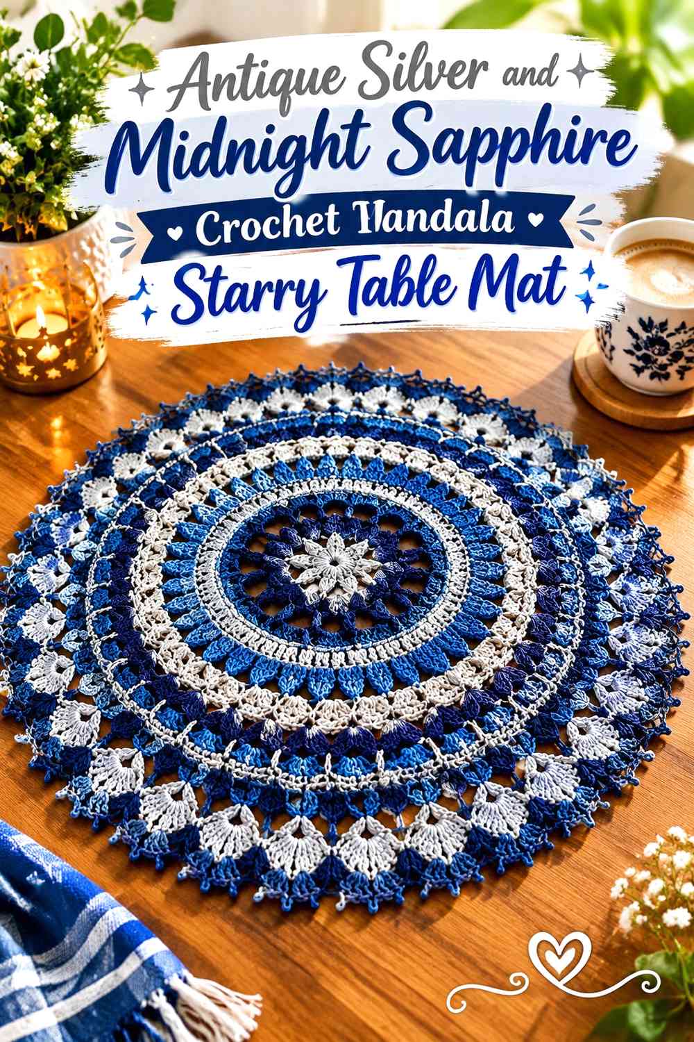 Antique Silver and Midnight Sapphire Crochet Mandala Starry Table Mat