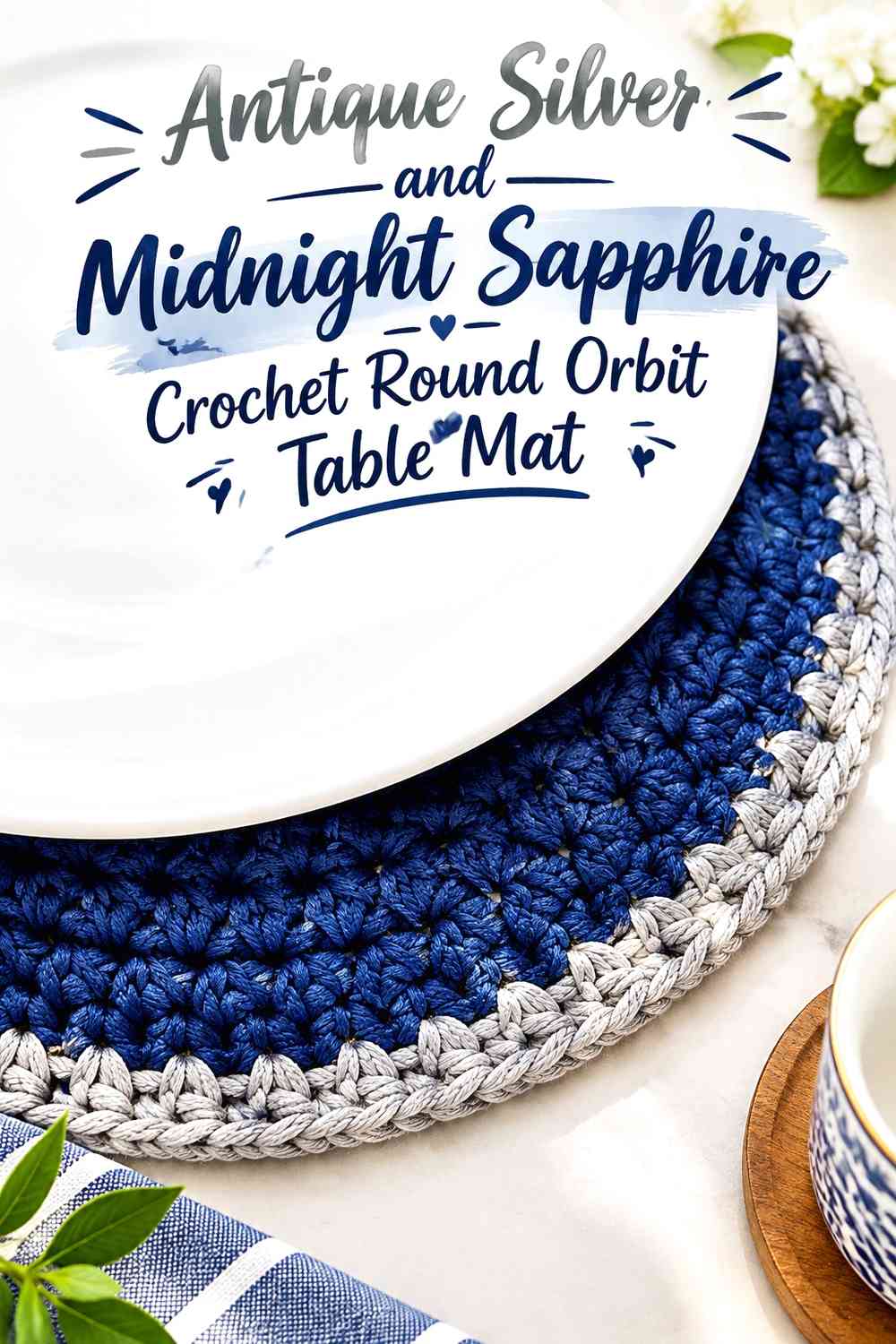 Antique Silver and Midnight Sapphire Crochet Round Orbit Table Mat