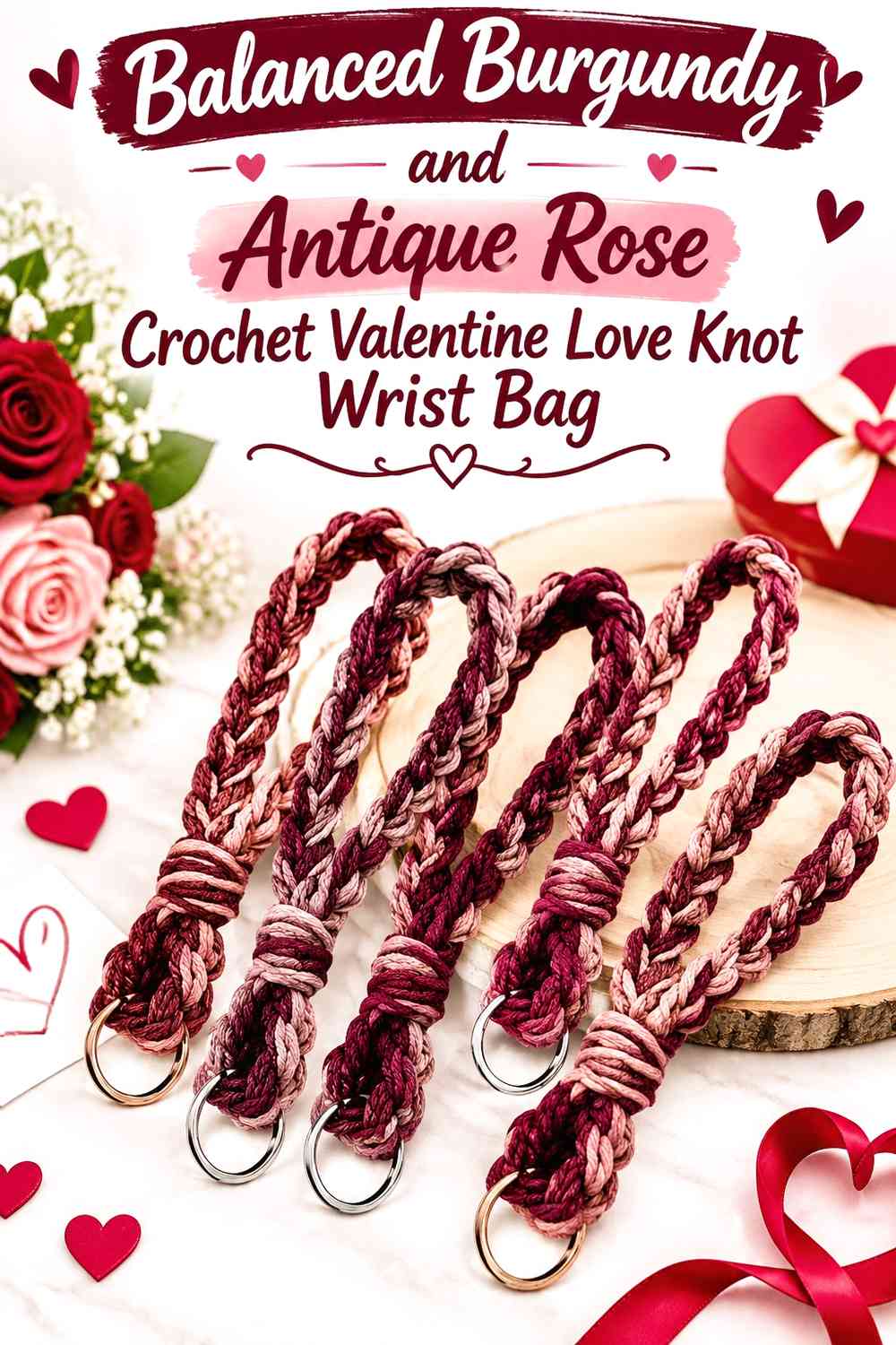 Balanced Burgundy and Antique Rose Crochet Valentine Love Knot Wrist Bag