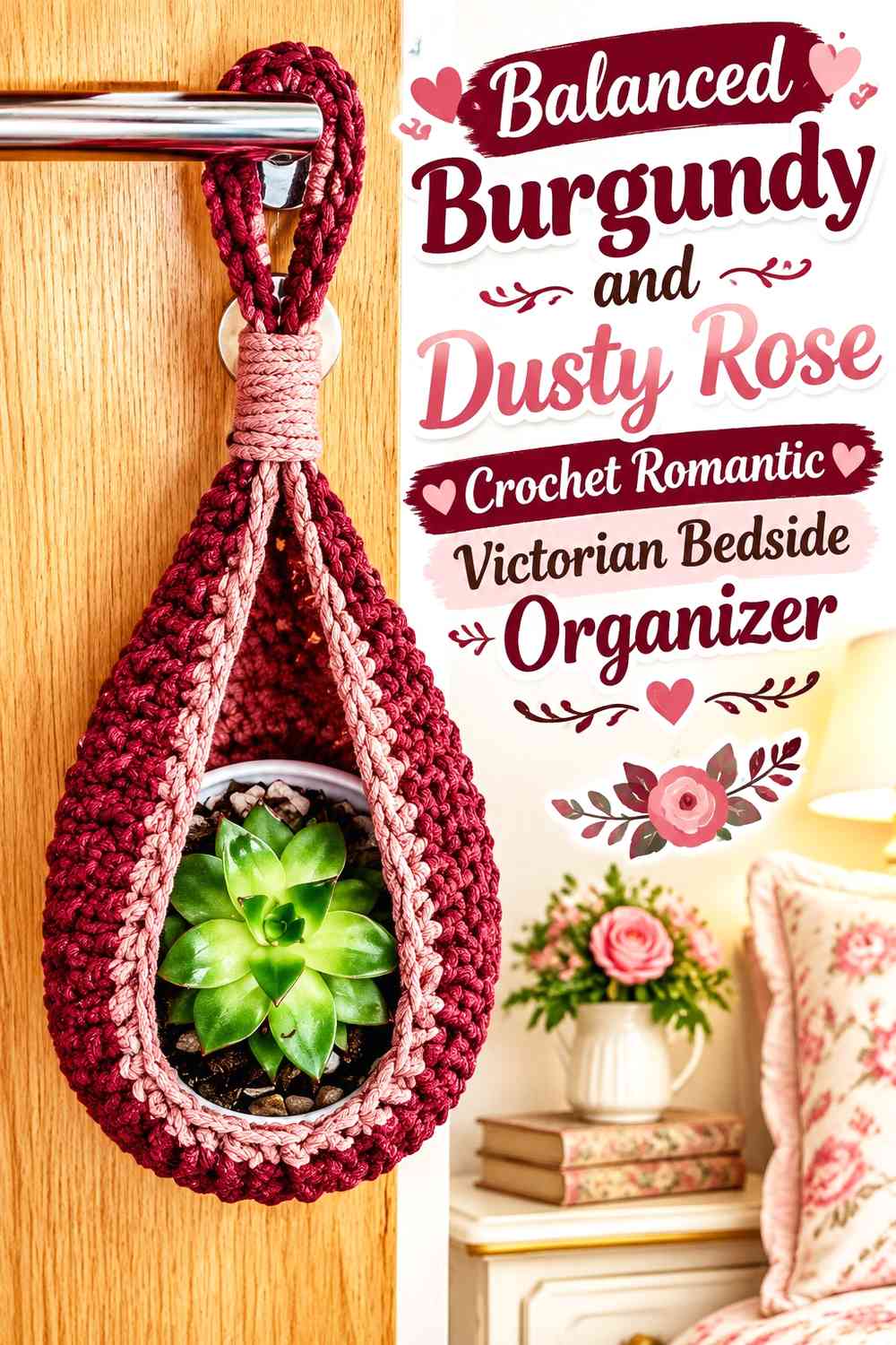 Balanced Burgundy and Dusty Rose Crochet Romantic Victorian Bedside Organizer