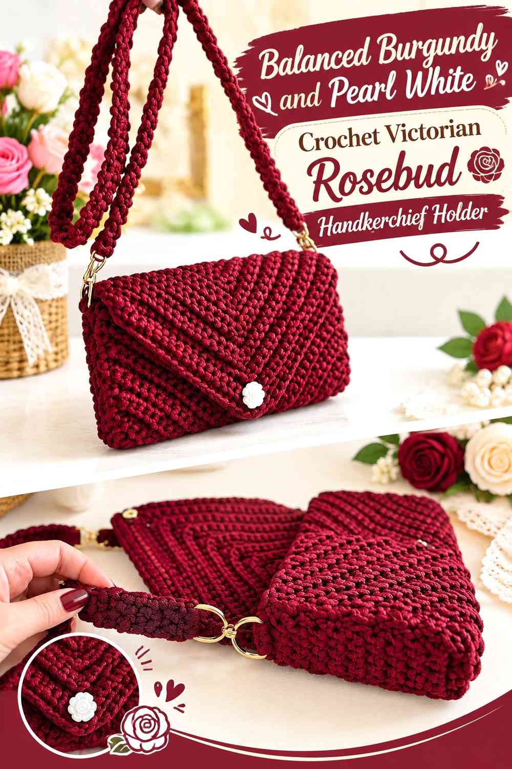 Balanced Burgundy and Pearl White Crochet Victorian Rosebud Handkerchief Holder