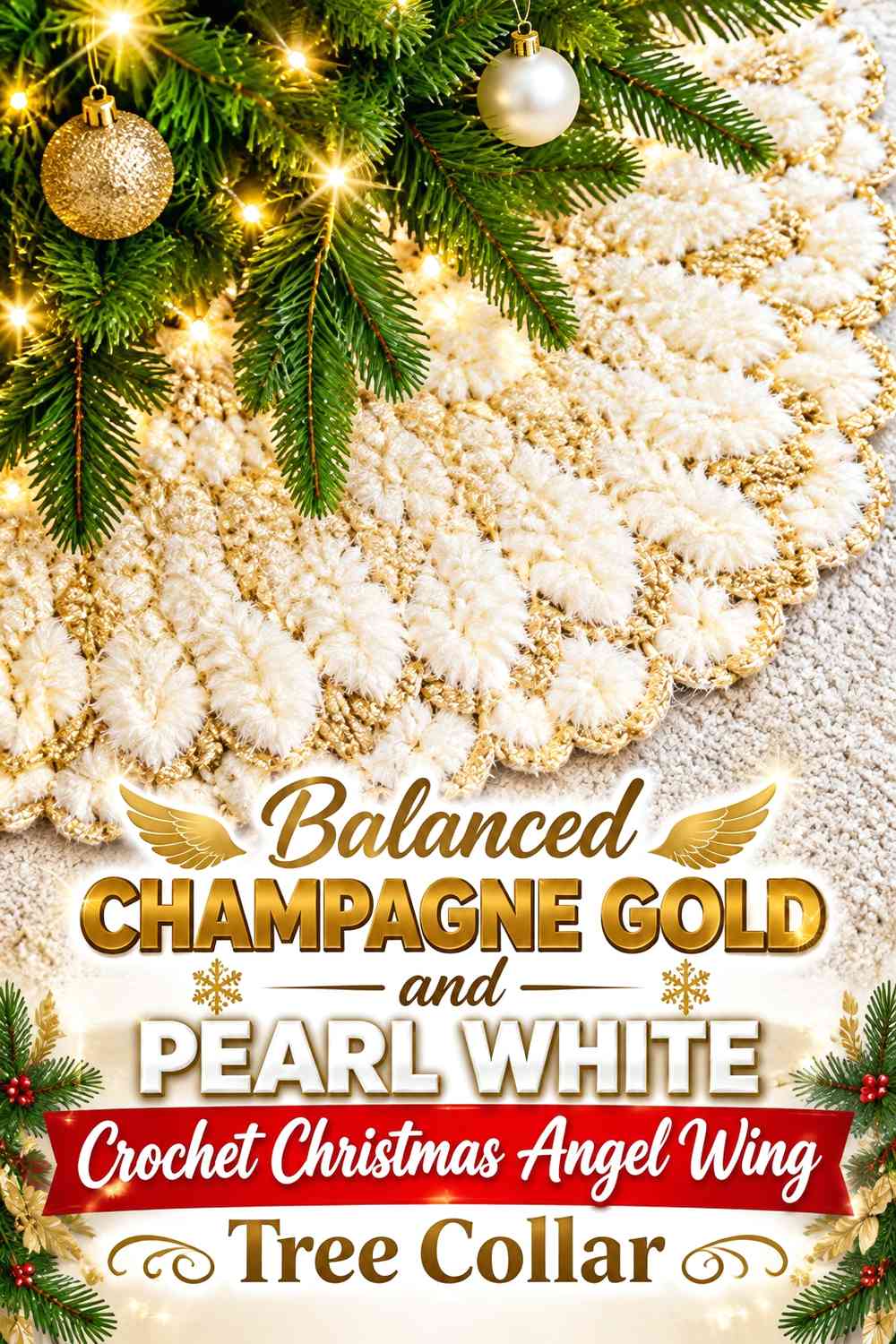 Balanced Champagne Gold and Pearl White Crochet Christmas Angel Wing Tree Collar