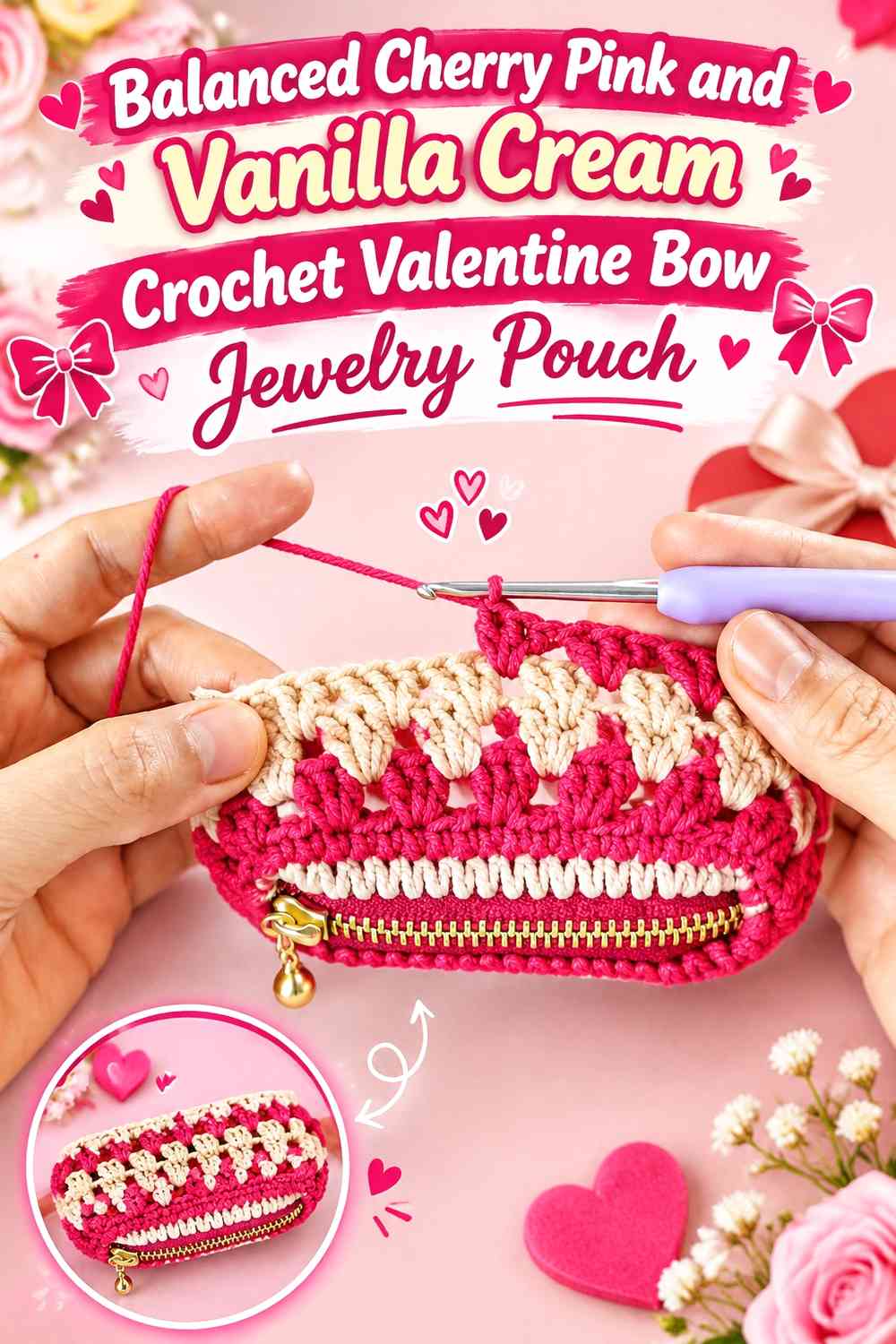Balanced Cherry Pink and Vanilla Cream Crochet Valentine Bow Jewelry Pouch