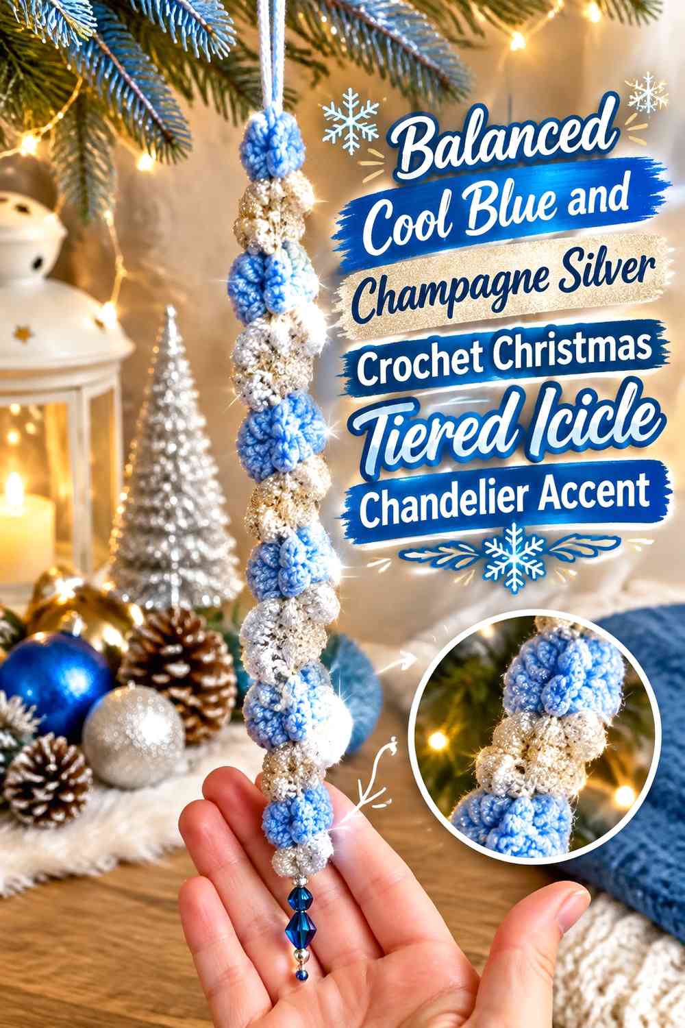 Balanced Cool Blue and Champagne Silver Crochet Christmas Tiered Icicle Chandelier Accent
