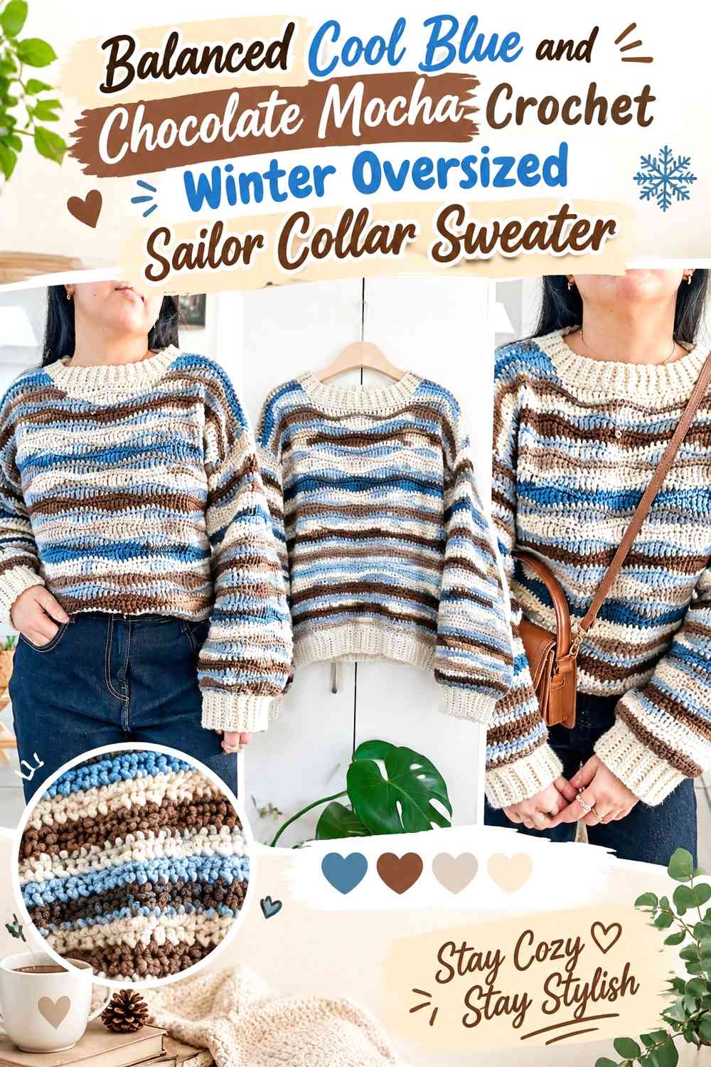 Balanced Cool Blue and Chocolate Mocha Crochet Winter Oversized Sailor Collar Sweater