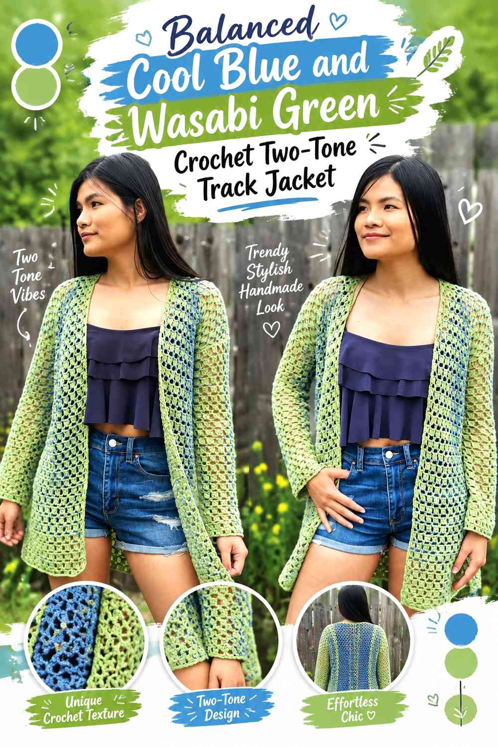 Balanced Cool Blue and Wasabi Green Crochet Two-Tone Track Jacket