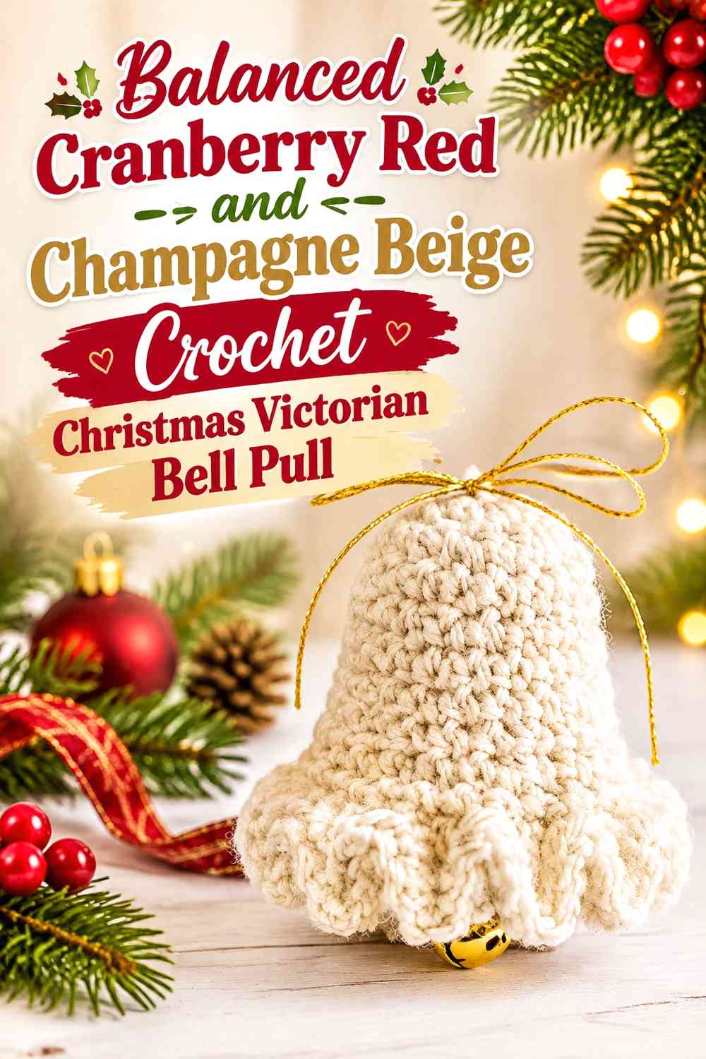 Balanced Cranberry Red and Champagne Beige Crochet Christmas Victorian Bell Pull