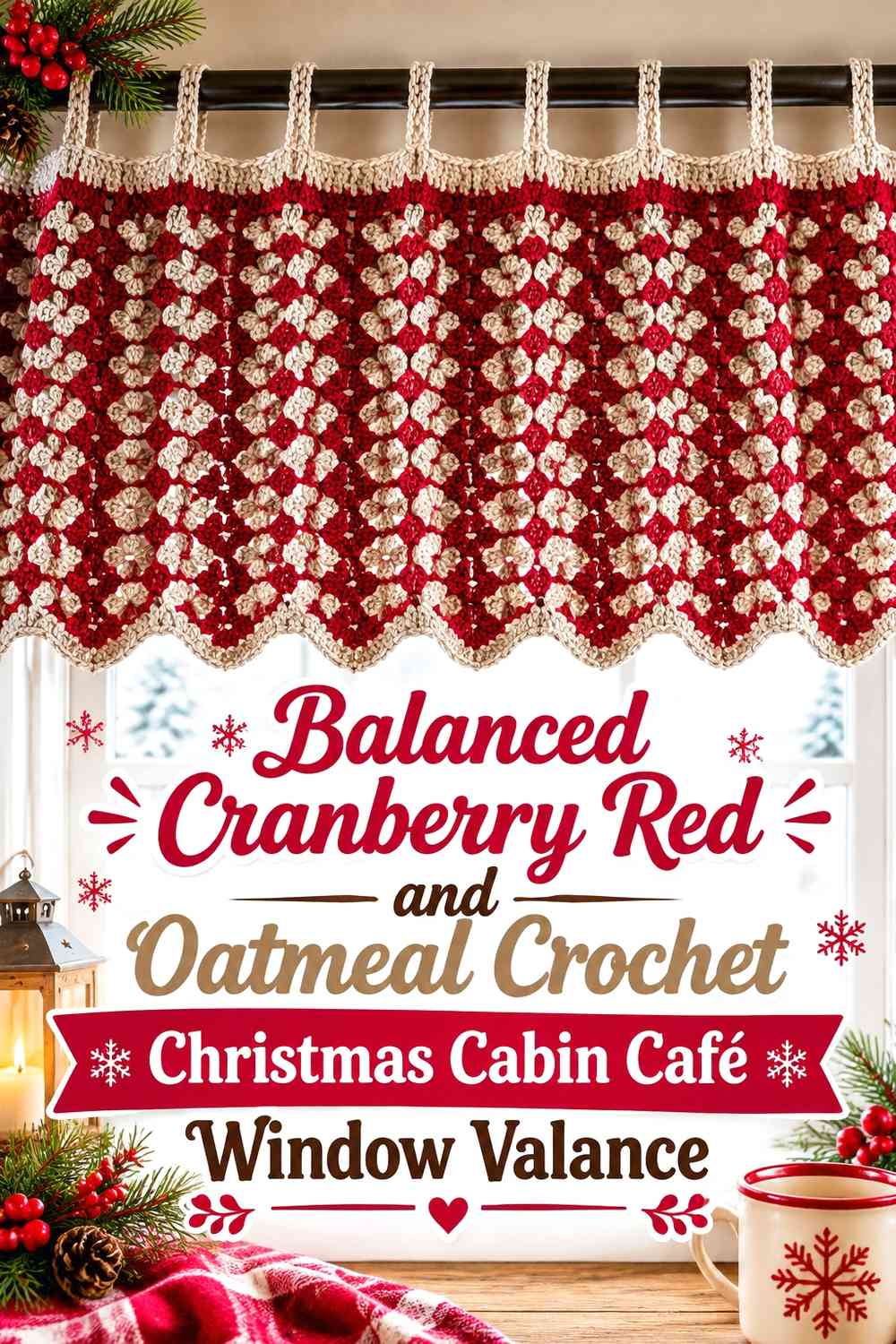 Balanced Cranberry Red and Oatmeal Crochet Christmas Cabin Café Window Valance