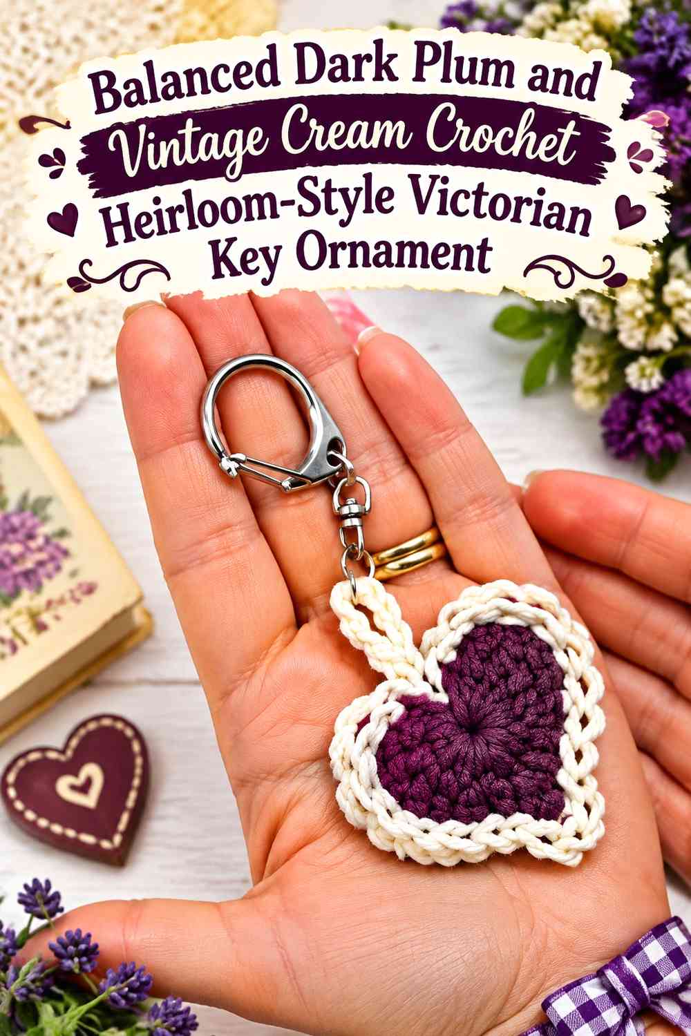 Balanced Dark Plum and Vintage Cream Crochet Heirloom-Style Victorian Key Ornament