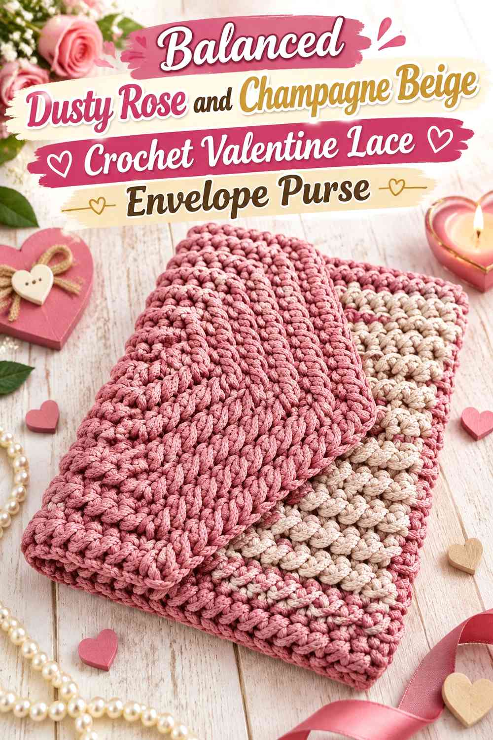 Balanced Dusty Rose and Champagne Beige Crochet Valentine Lace Envelope Purse