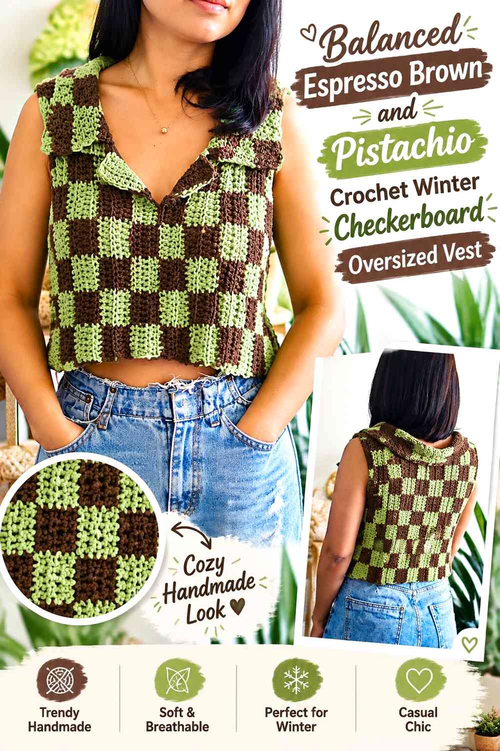 Balanced Espresso Brown and Pistachio Crochet Winter Checkerboard Oversized Vest
