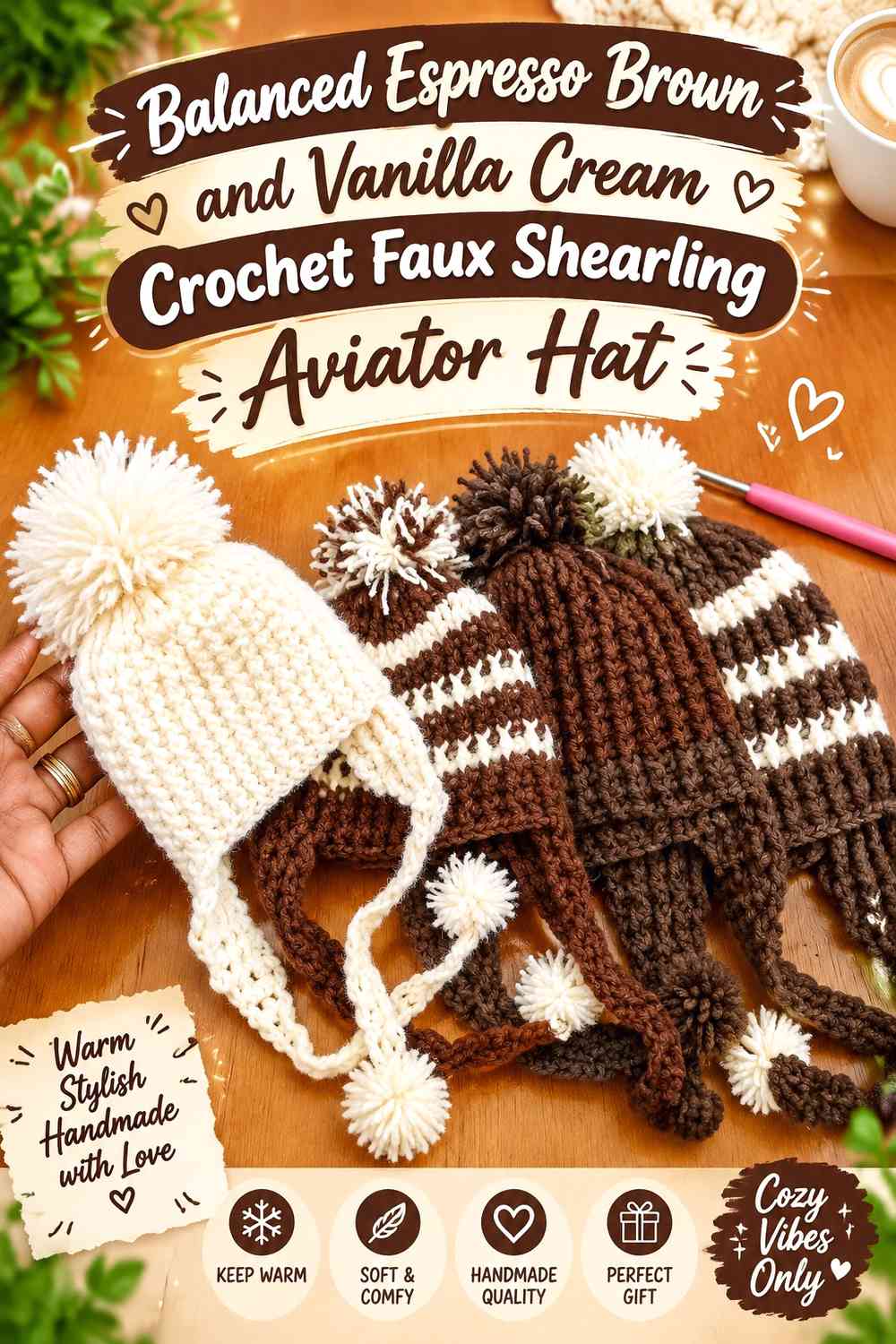 Balanced Espresso Brown and Vanilla Cream Crochet Faux Shearling Aviator Hat