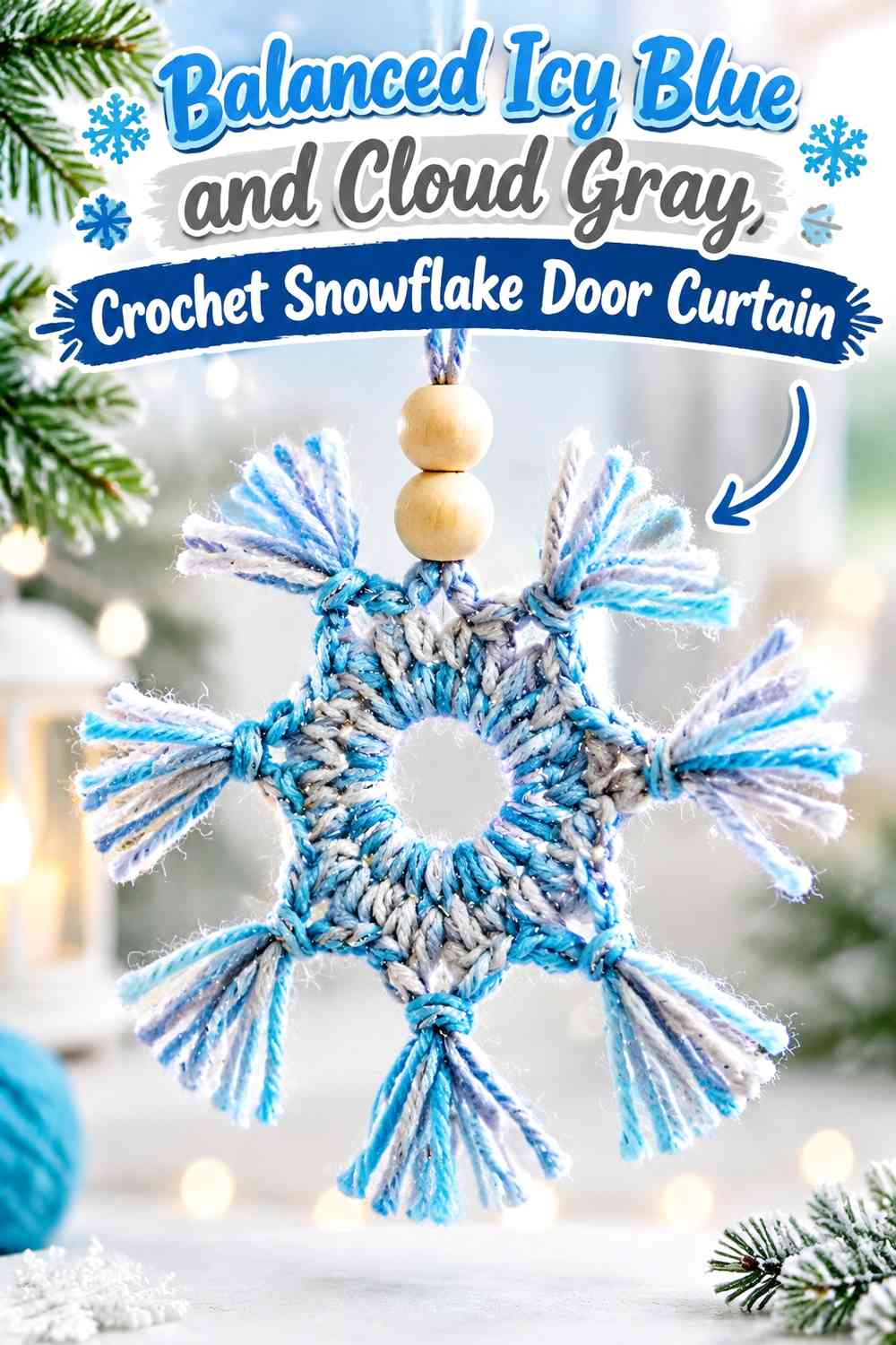 Balanced Icy Blue and Cloud Gray Crochet Snowflake Door Curtain