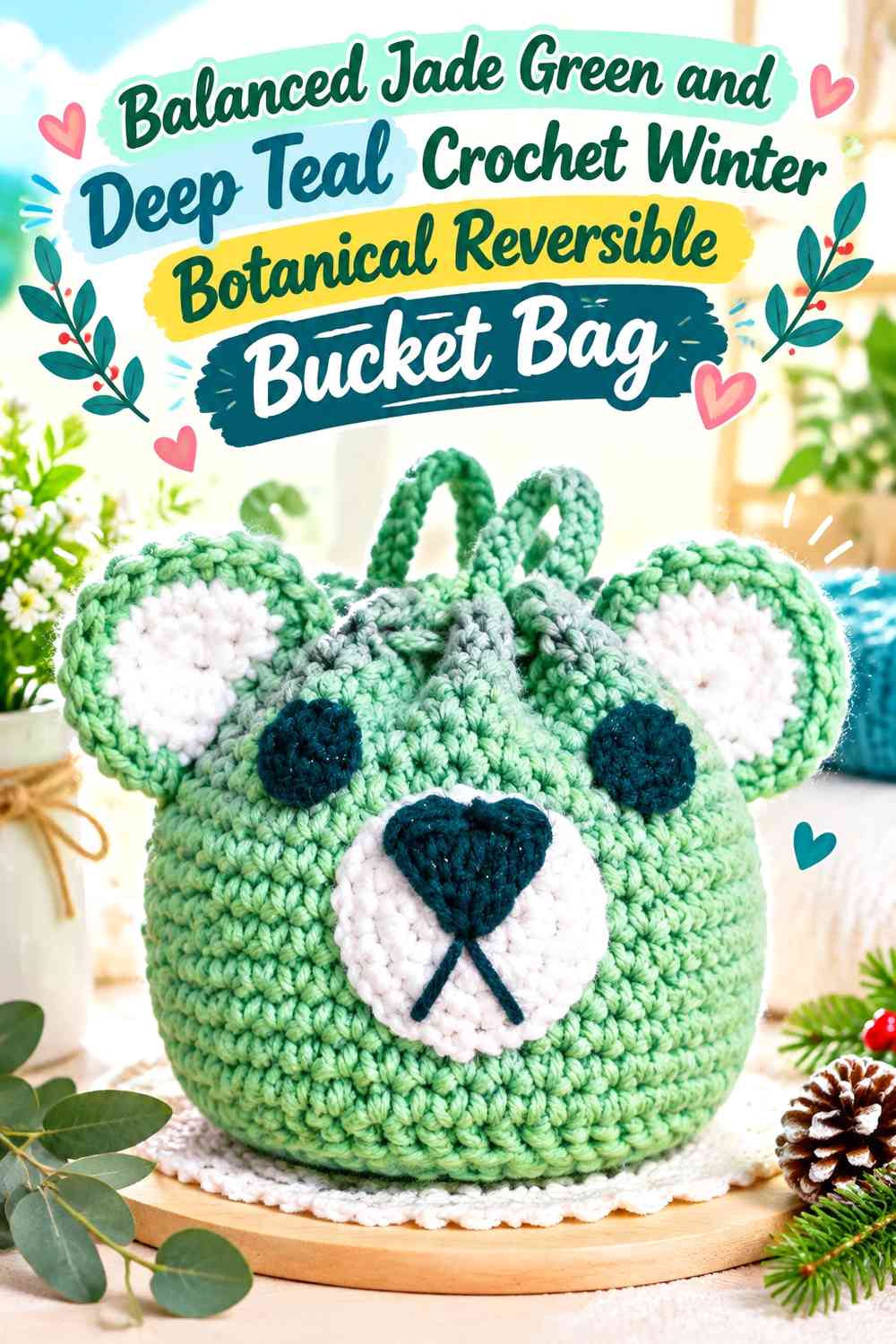 Balanced Jade Green and Deep Teal Crochet Winter Botanical Reversible Bucket Bag