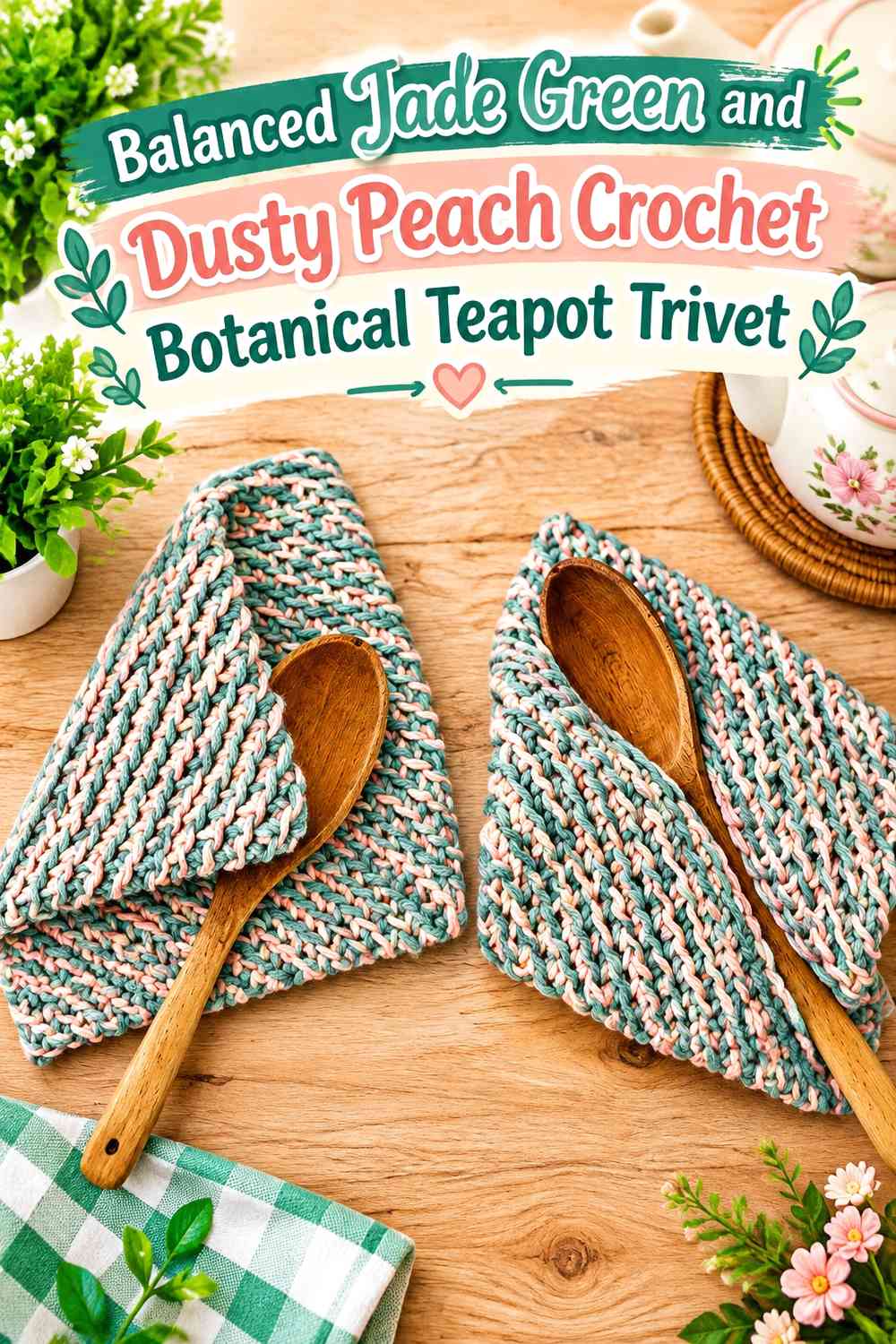 Balanced Jade Green and Dusty Peach Crochet Botanical Teapot Trivet