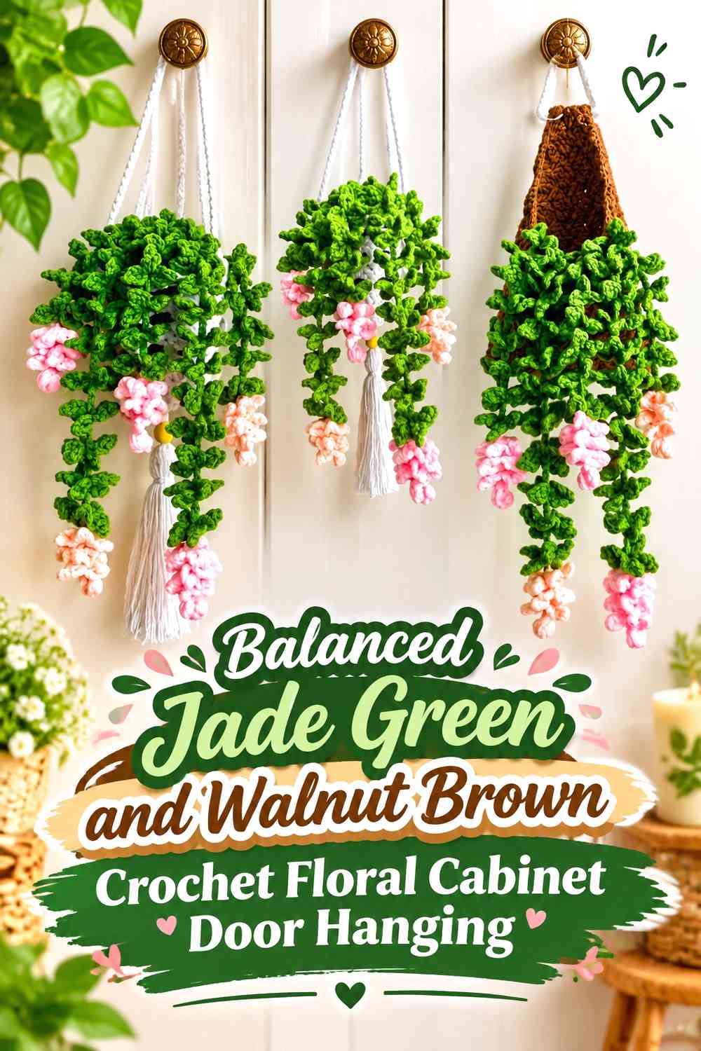 Balanced Jade Green and Walnut Brown Crochet Floral Cabinet Door Hanging