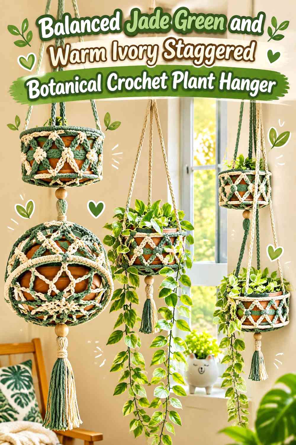 Balanced Jade Green and Warm Ivory Staggered Botanical Crochet Plant Hanger