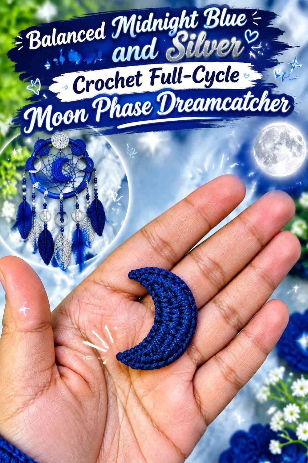 Balanced Midnight Blue and Silver Crochet Full-Cycle Moon Phase Dreamcatcher