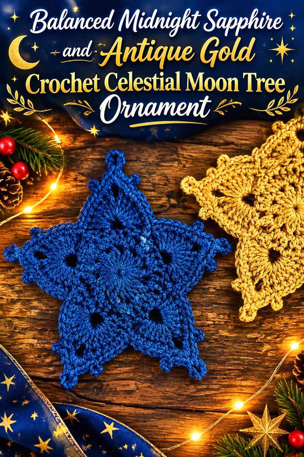 Balanced Midnight Sapphire and Antique Gold Crochet Celestial Moon Tree Ornament