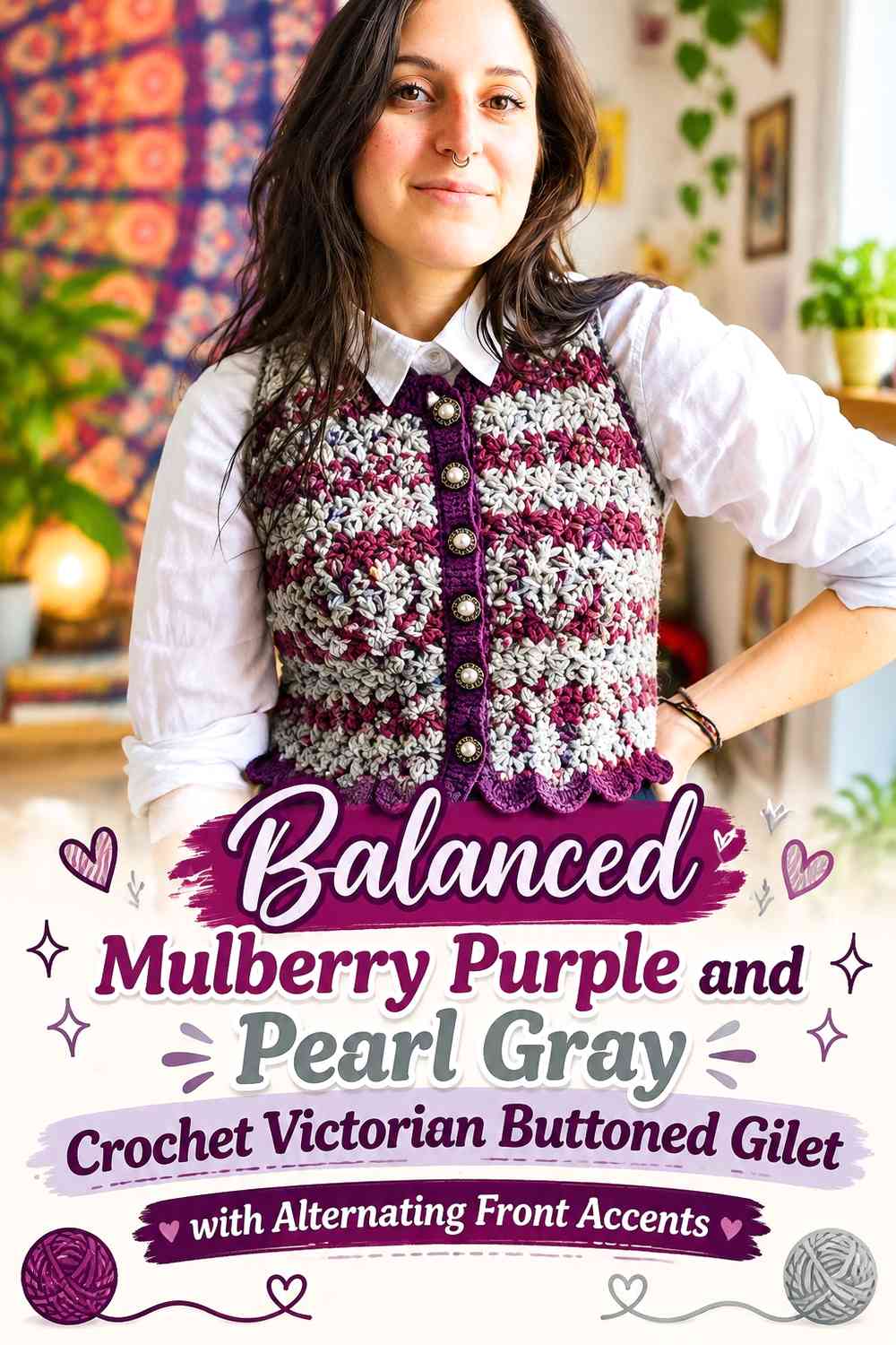 Balanced Mulberry Purple and Pearl Gray Crochet Victorian Buttoned Gilet with Alternating Front Accents