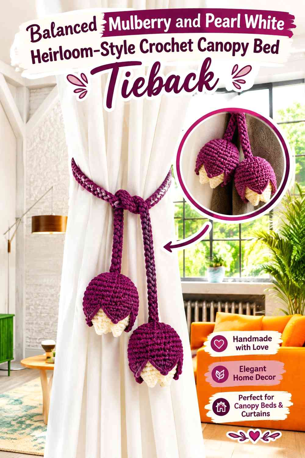 Balanced Mulberry and Pearl White Heirloom-Style Crochet Canopy Bed Tieback