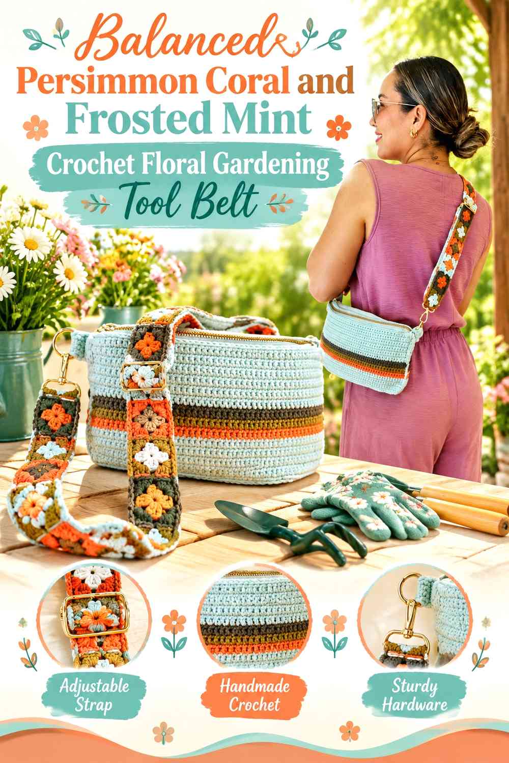 Balanced Persimmon Coral and Frosted Mint Crochet Floral Gardening Tool Belt