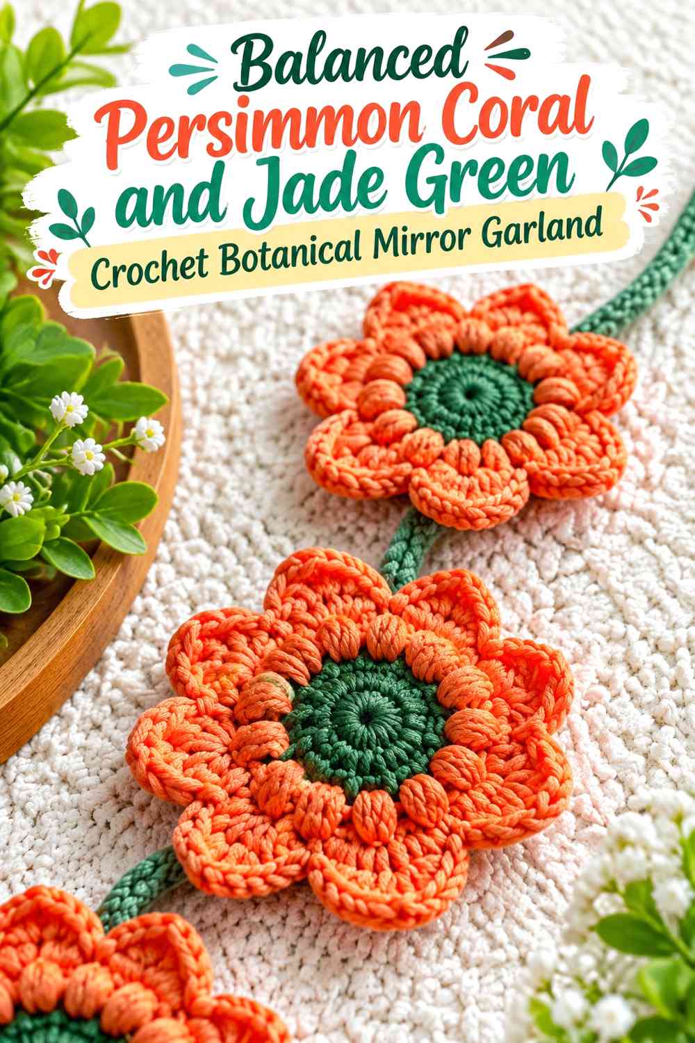 Balanced Persimmon Coral and Jade Green Crochet Botanical Mirror Garland