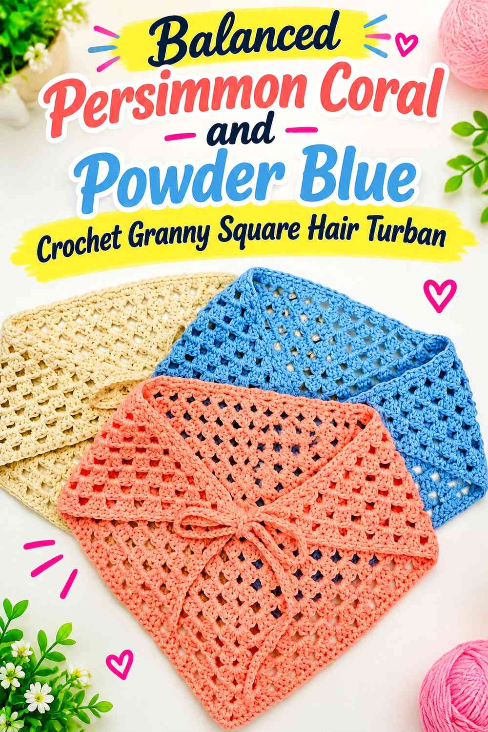 Balanced Persimmon Coral and Powder Blue Crochet Granny Square Hair Turban