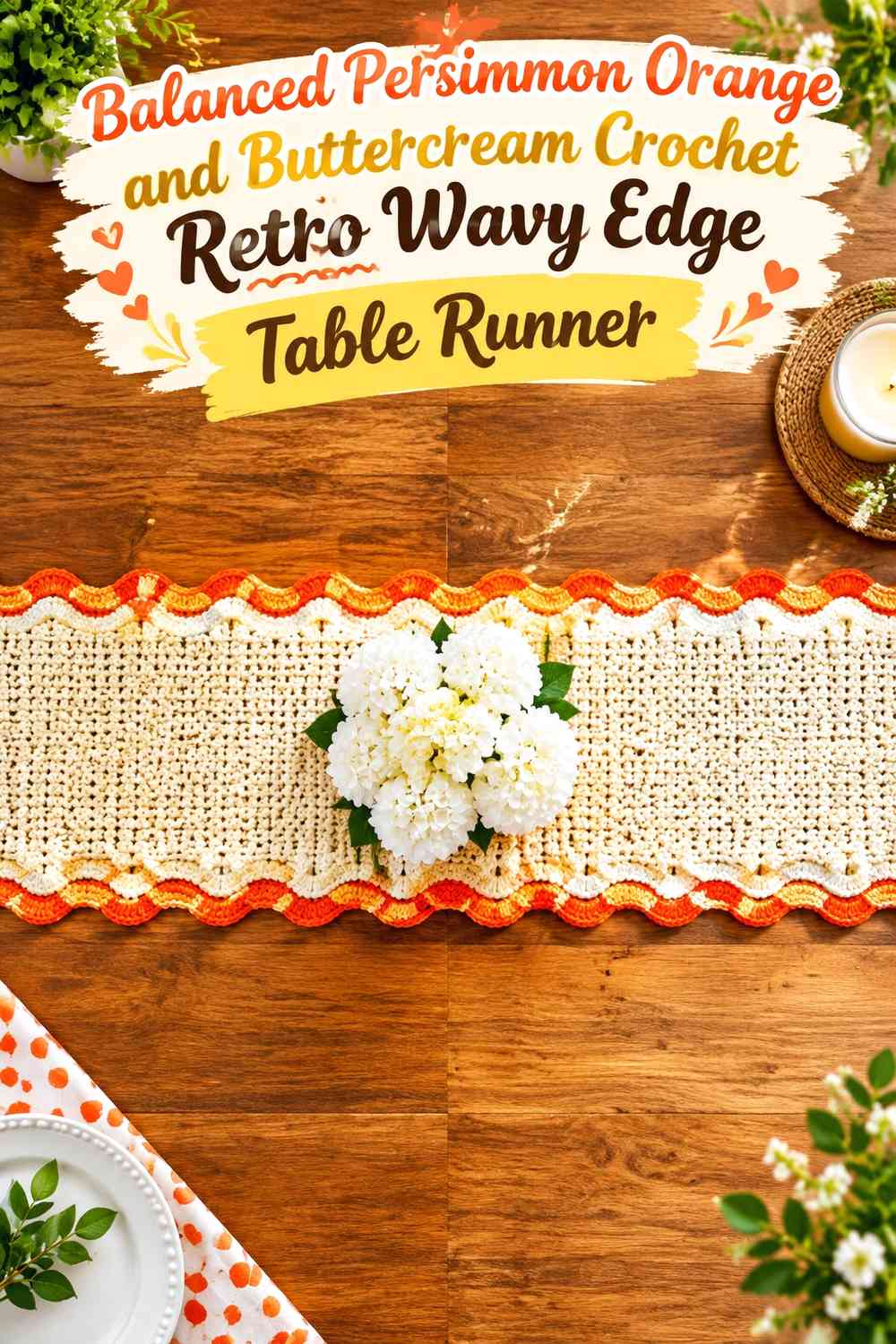 Balanced Persimmon Orange and Buttercream Crochet Retro Wavy Edge Table Runner