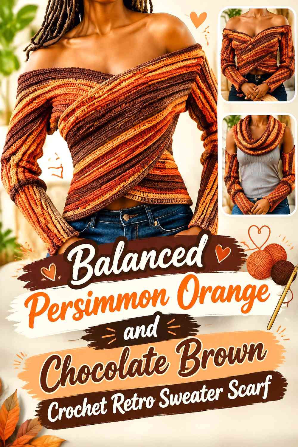 Balanced Persimmon Orange and Chocolate Brown Crochet Retro Sweater Scarf