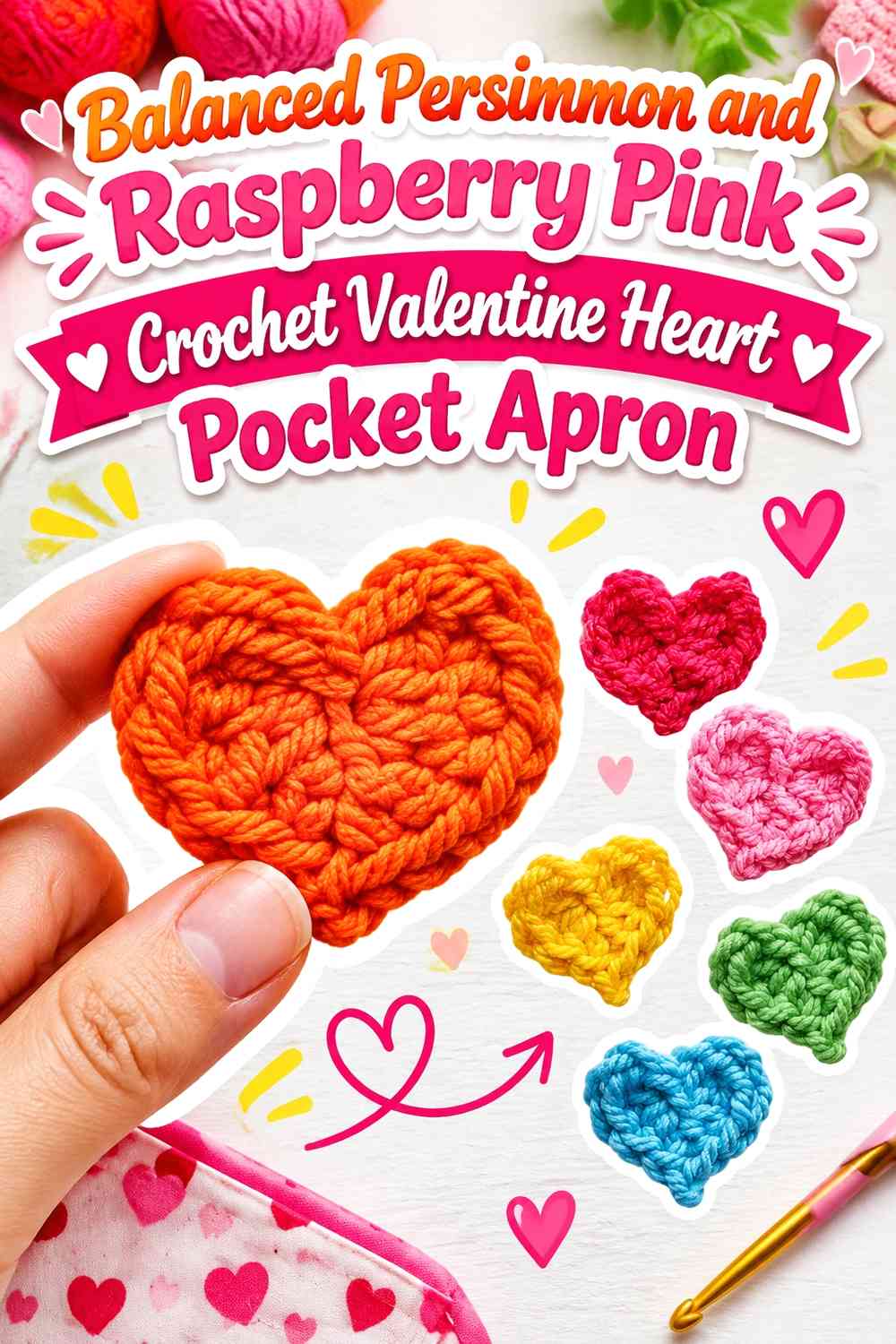 Balanced Persimmon and Raspberry Pink Crochet Valentine Heart Pocket Apron