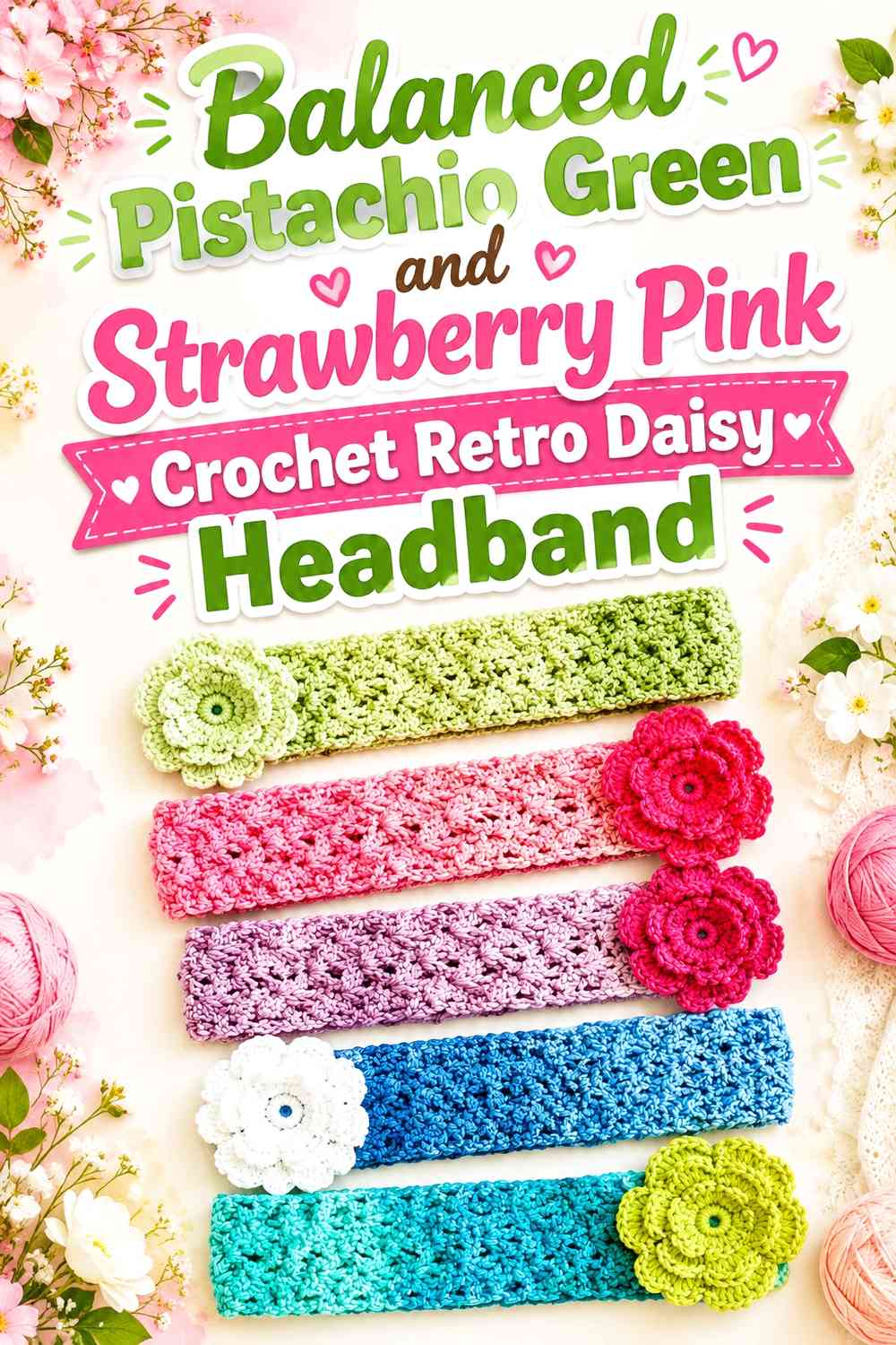 Balanced Pistachio Green and Strawberry Pink Crochet Retro Daisy Headband