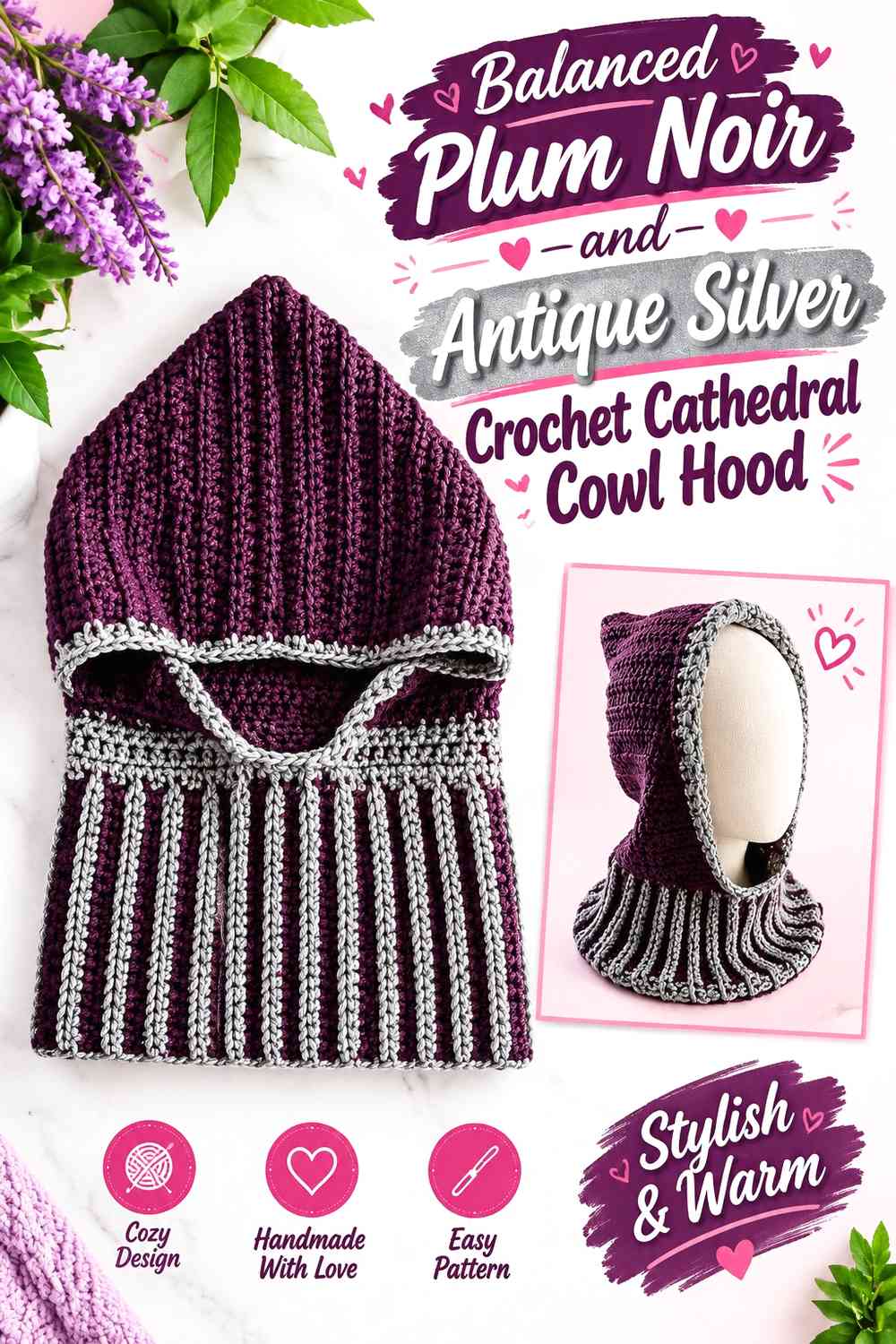 Balanced Plum Noir and Antique Silver Crochet Cathedral Cowl Hood
