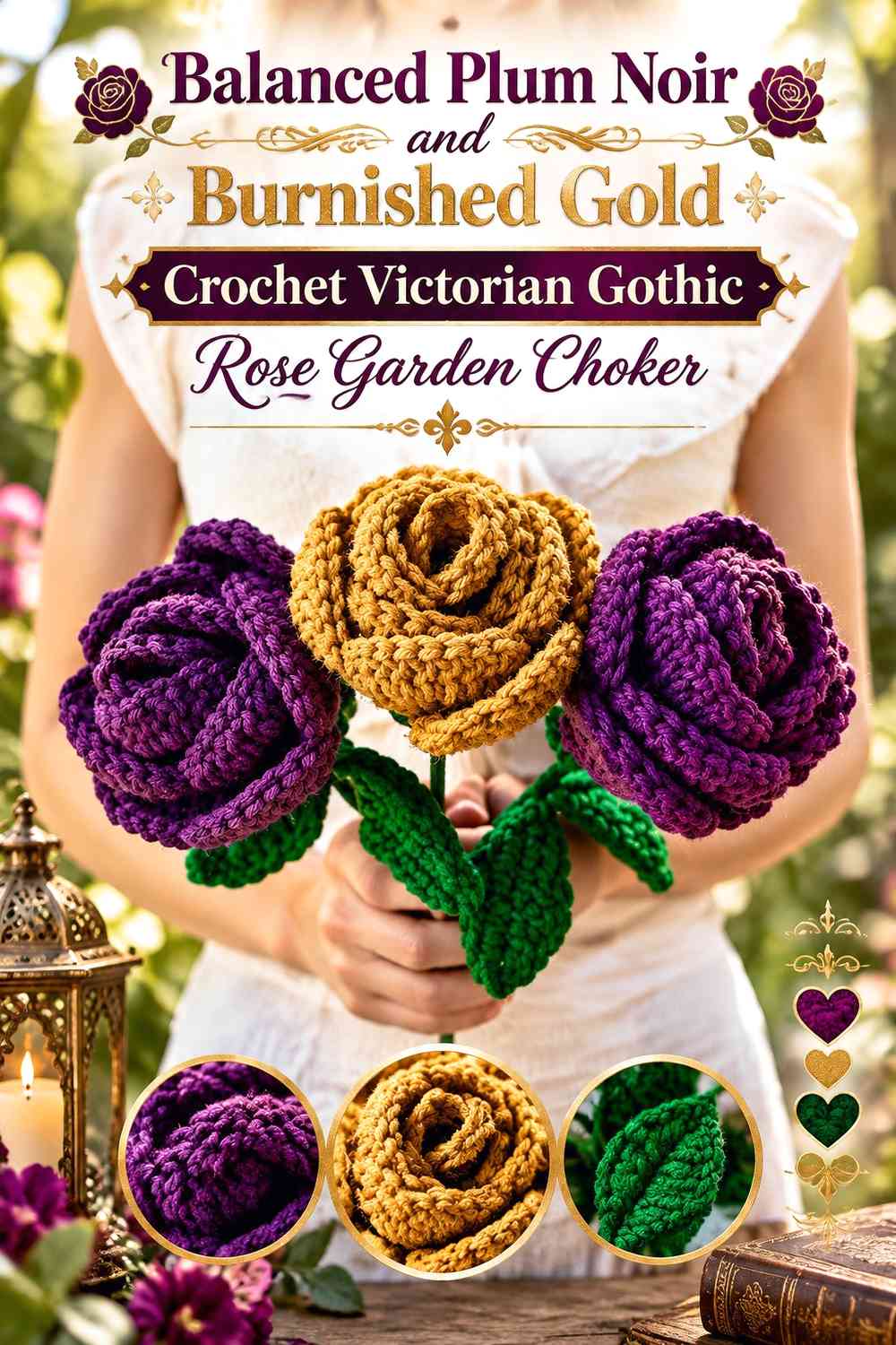 Balanced Plum Noir and Burnished Gold Crochet Victorian Gothic Rose Garden Choker