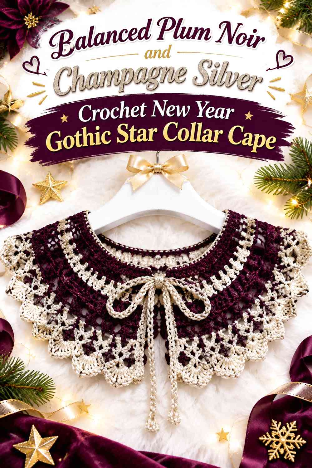 Balanced Plum Noir and Champagne Silver Crochet New Year Gothic Star Collar Cape