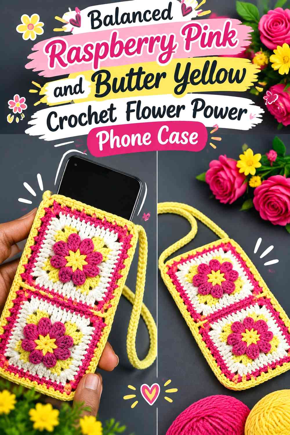 Balanced Raspberry Pink and Butter Yellow Crochet Flower Power Phone Case