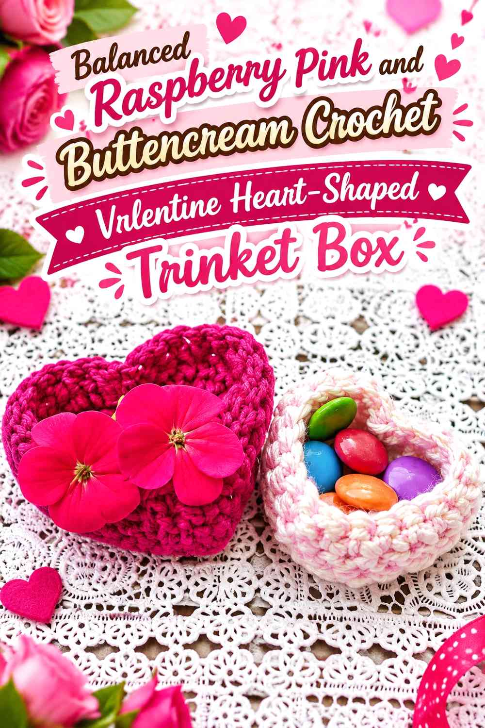 Balanced Raspberry Pink and Buttercream Crochet Valentine Heart-Shaped Trinket Box