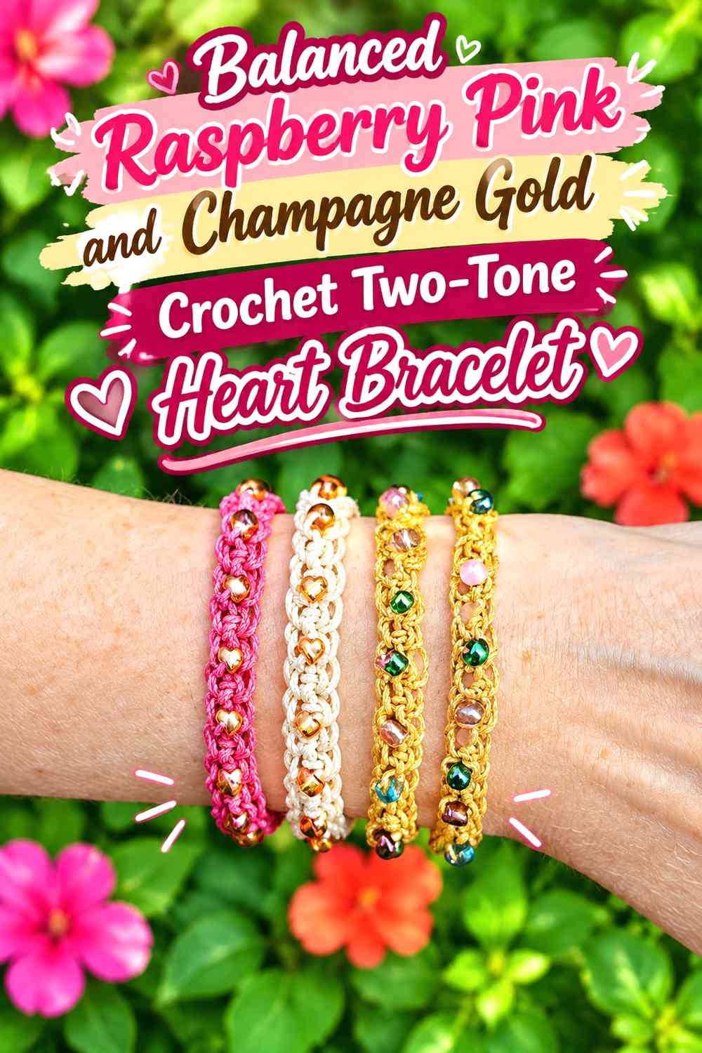 Balanced Raspberry Pink and Champagne Gold Crochet Two-Tone Heart Bracelet