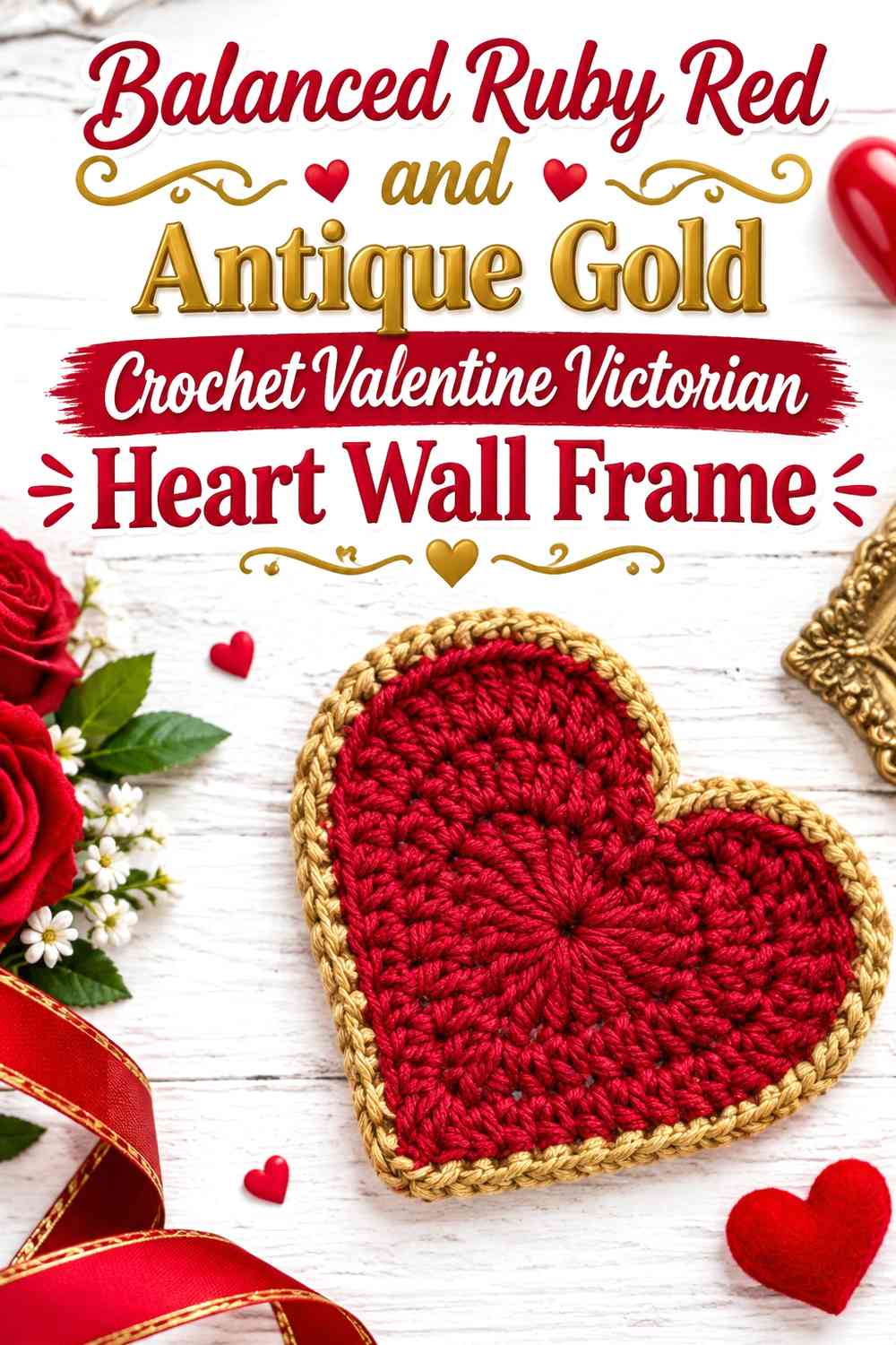 Balanced Ruby Red and Antique Gold Crochet Valentine Victorian Heart Wall Frame